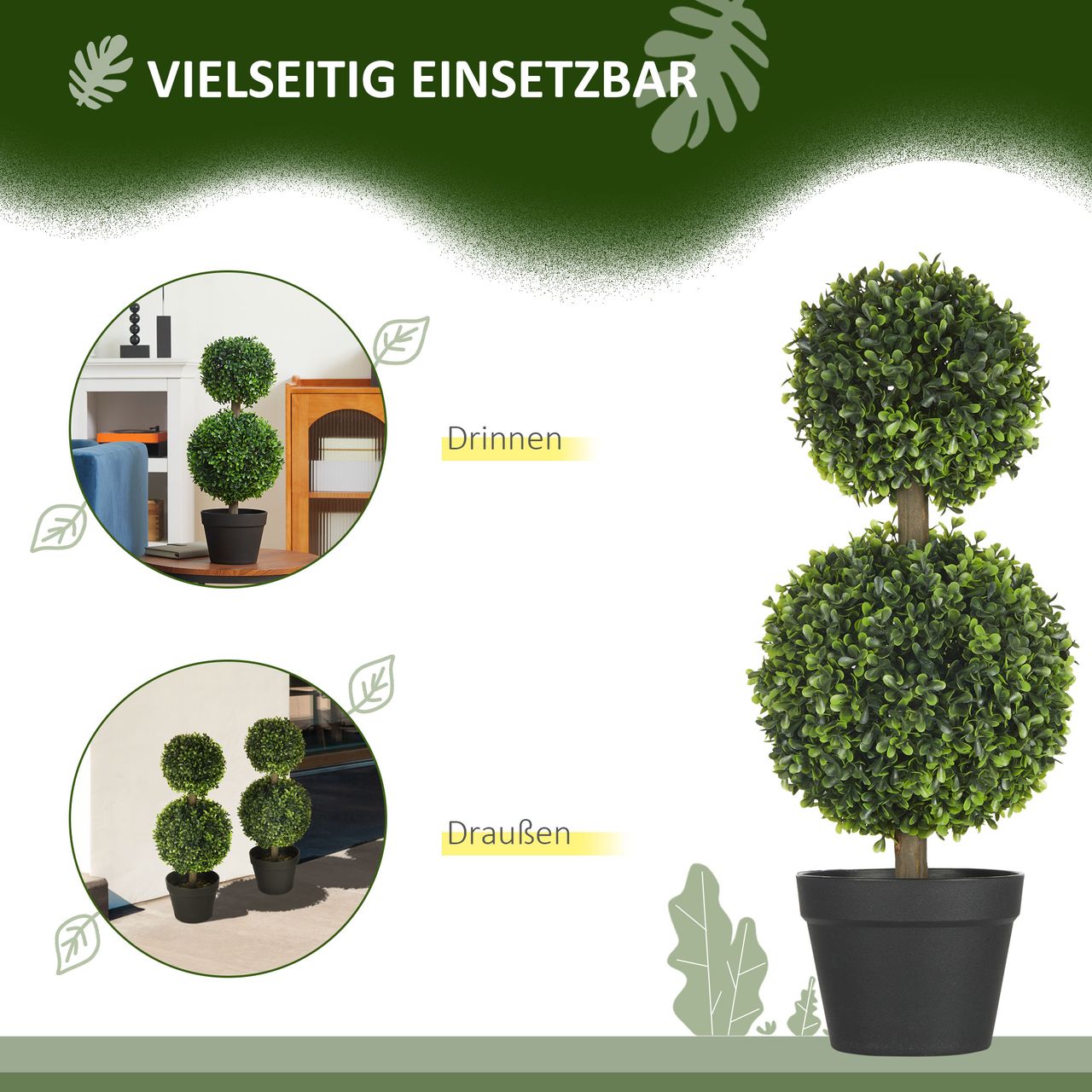 HOMCOM Künstliche Pflanzen 2er-Set Buchsbaum 60 cm Kunstpflanze mit Doppel-Kugel