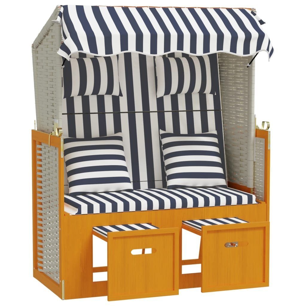 vidaXL Gartenliege Strandkorb mit Kissen Poly Rattan & Massivholz Weiß & Blau, 1 St.