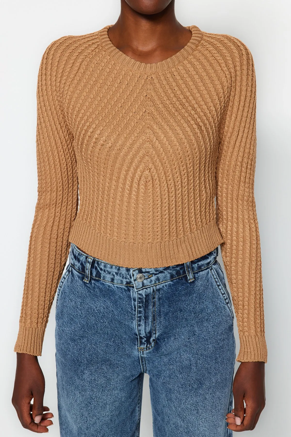 Trendyol Collection  Kurzer Strickpullover mit Rundhalsausschnitt in Kamel TWOAW24KZ00765