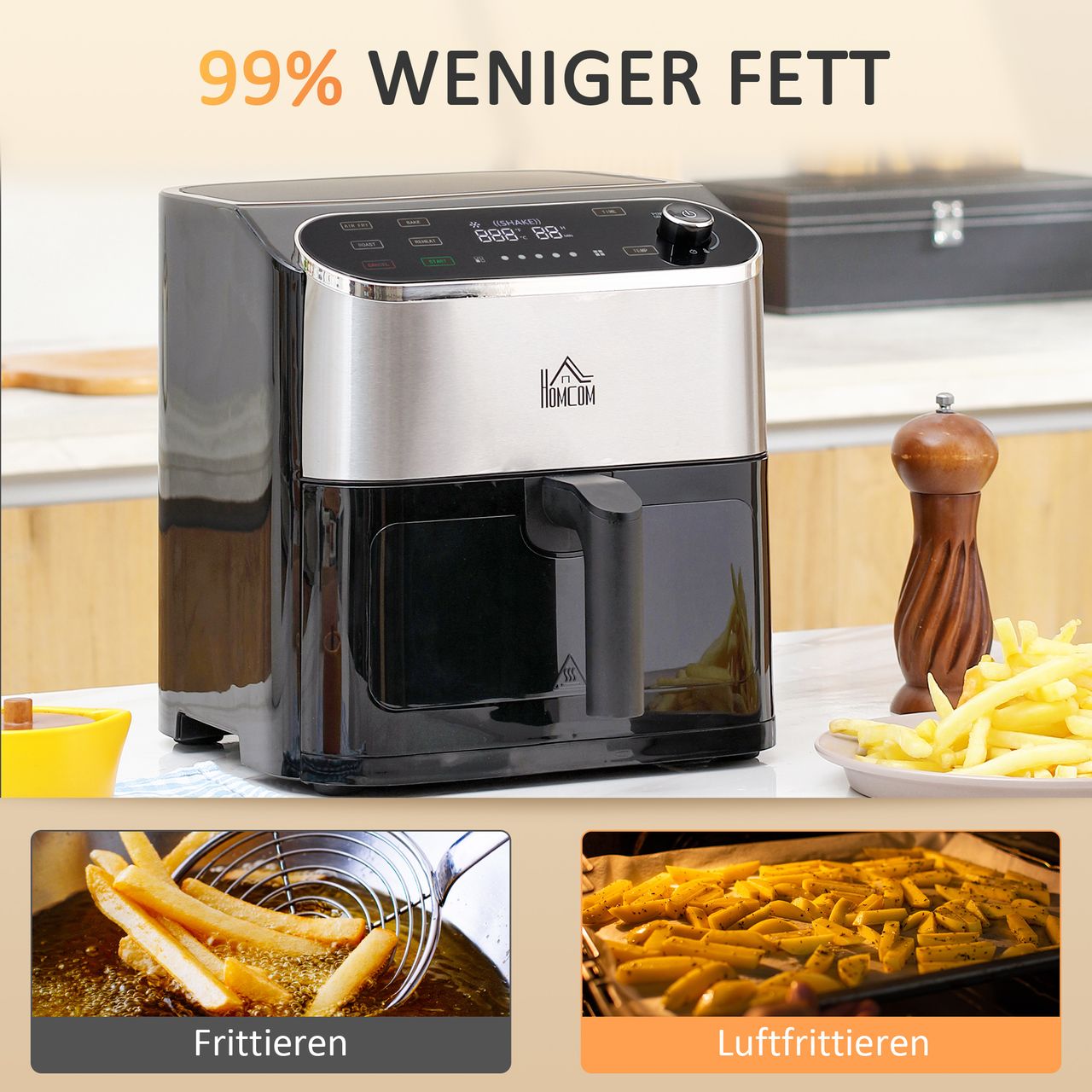 HOMCOM 4 in 1 Design Heißluftfritteuse 6,5 L 1350 W mit Digitalem Screen