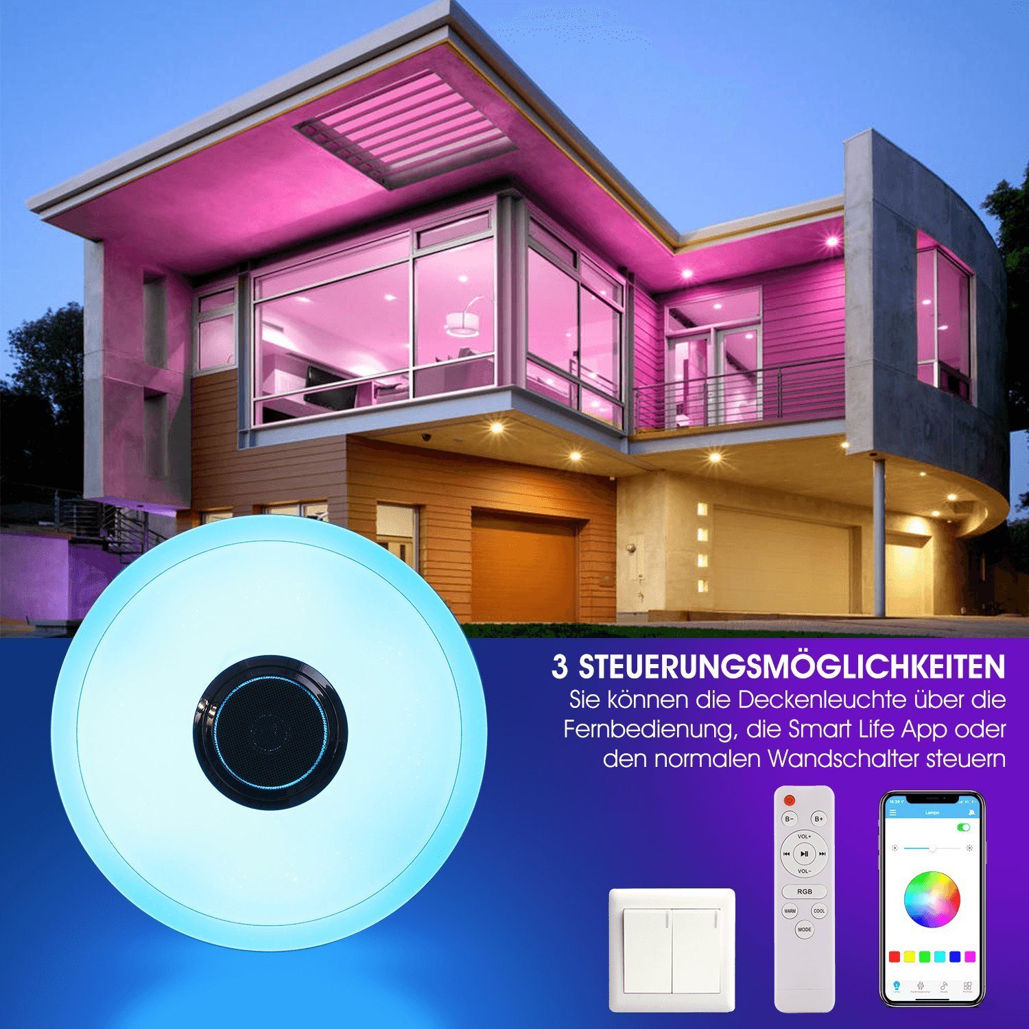 oyajia Deckenleuchte LED Deckenlampe mit Bluetooth Lautsprecher, RGB Dimmbar, LED fest integriert, RGB/Kaltweiß/Naturweiß/Warmweiß, Dimmbar mit Fernbedienung oder APP, für Schlafzimmer Küche Wohnzimmer