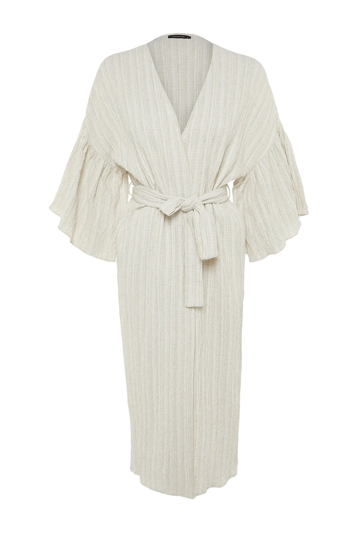 Trendyol Collection  Ecrufarbener Maxi-Kimono und Kaftan aus gewebtem Volant aus Leinenmischung mit Gürtel TBESS23KM00028
