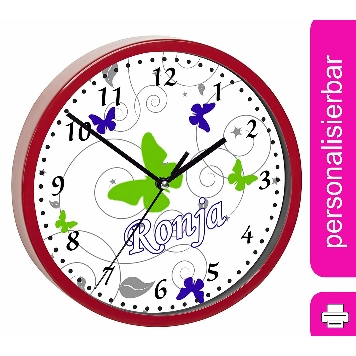 Kinder Wanduhr laufruhig personalisiert mit Name Schmetterling Blau Grün