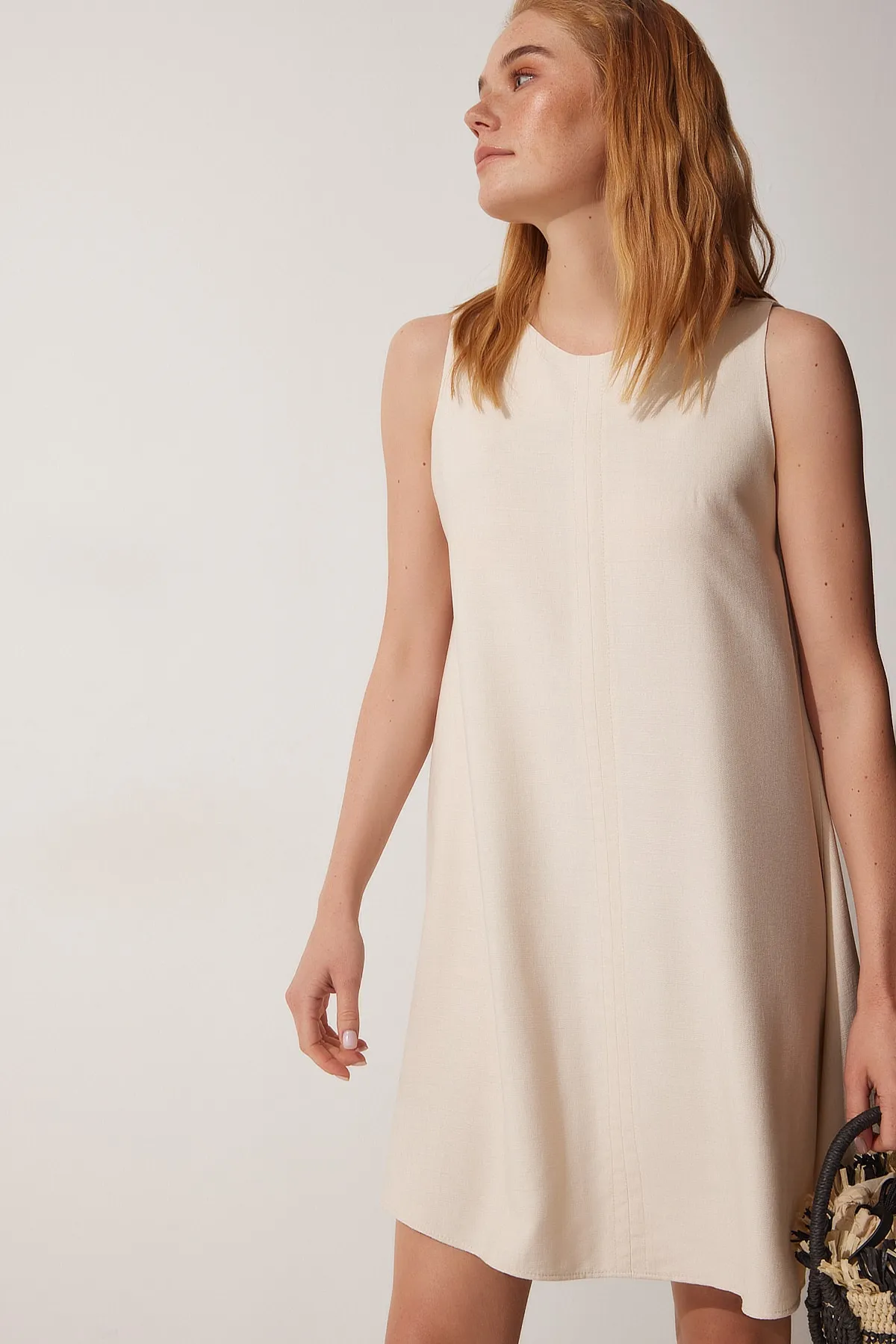 Happiness İstanbul  Cremefarbenes, gewebtes A-Linien-Sommerkleid für Damen BF00067