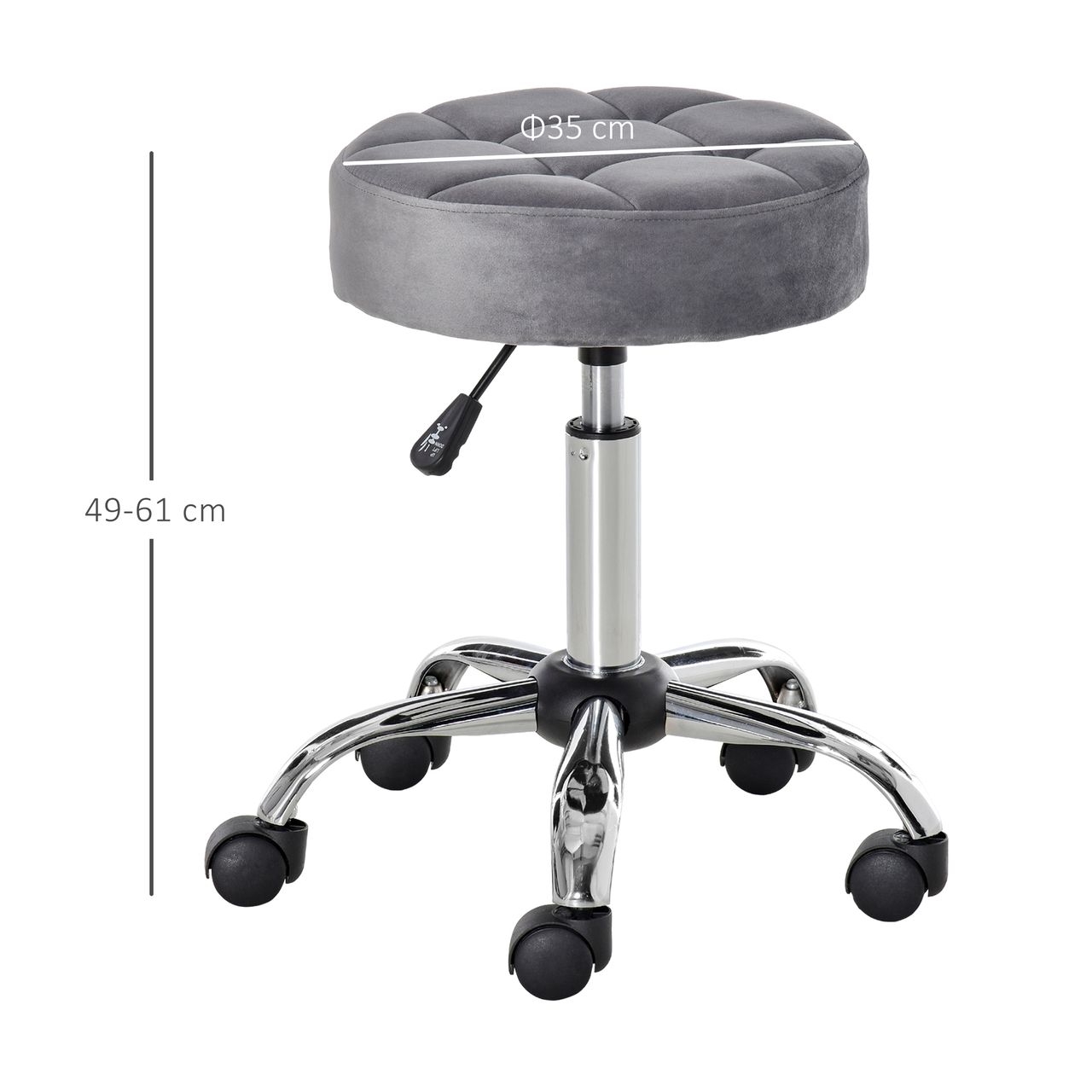 HOMCOM Salonstuhl mit Rädern Rollhocker höhenverstellbar drehbar Salon Hocker Samt-Touch Schaumstoff Chrom-Basis Grau 35 x 35 x 49-61 cm