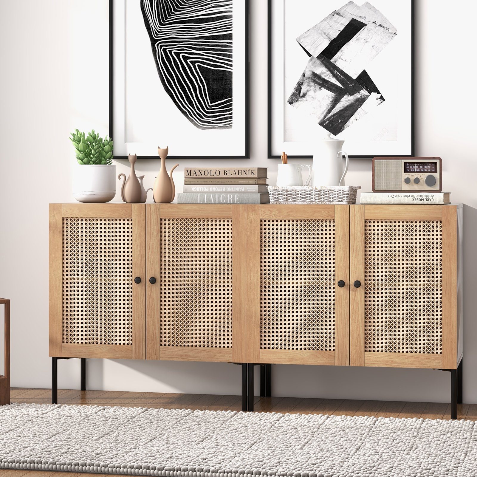COSTWAY Sideboard, mit Arbeitsplatte, Rattantüren&verstellbarem Regal, 80cm