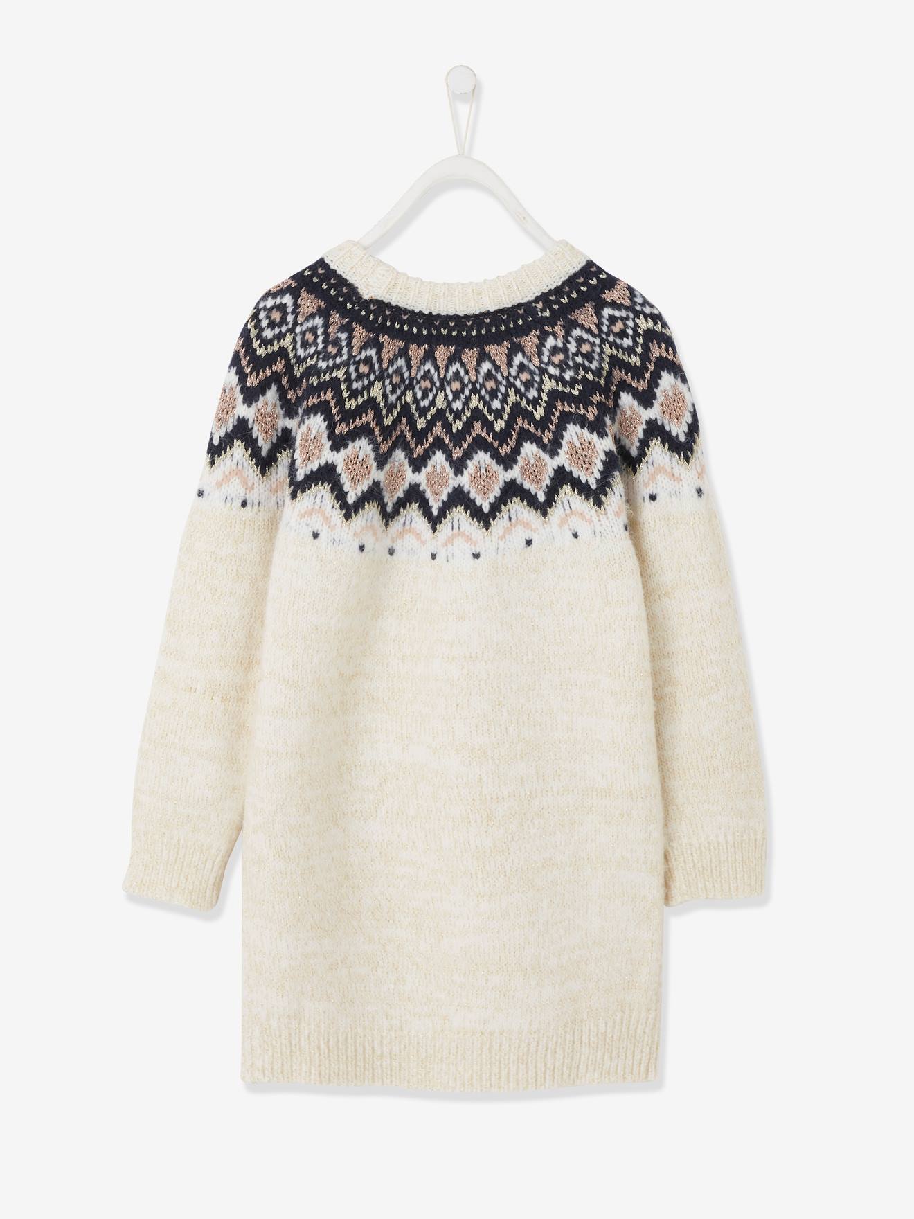 Robe jacquard fille en tricot irisé ecru