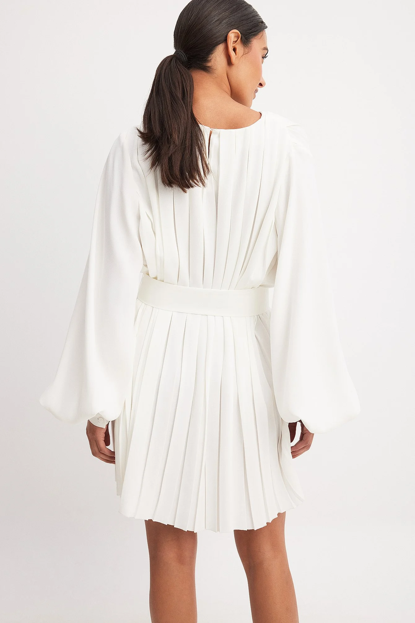Pleated Woven Balloon Sleeve Mini Dress