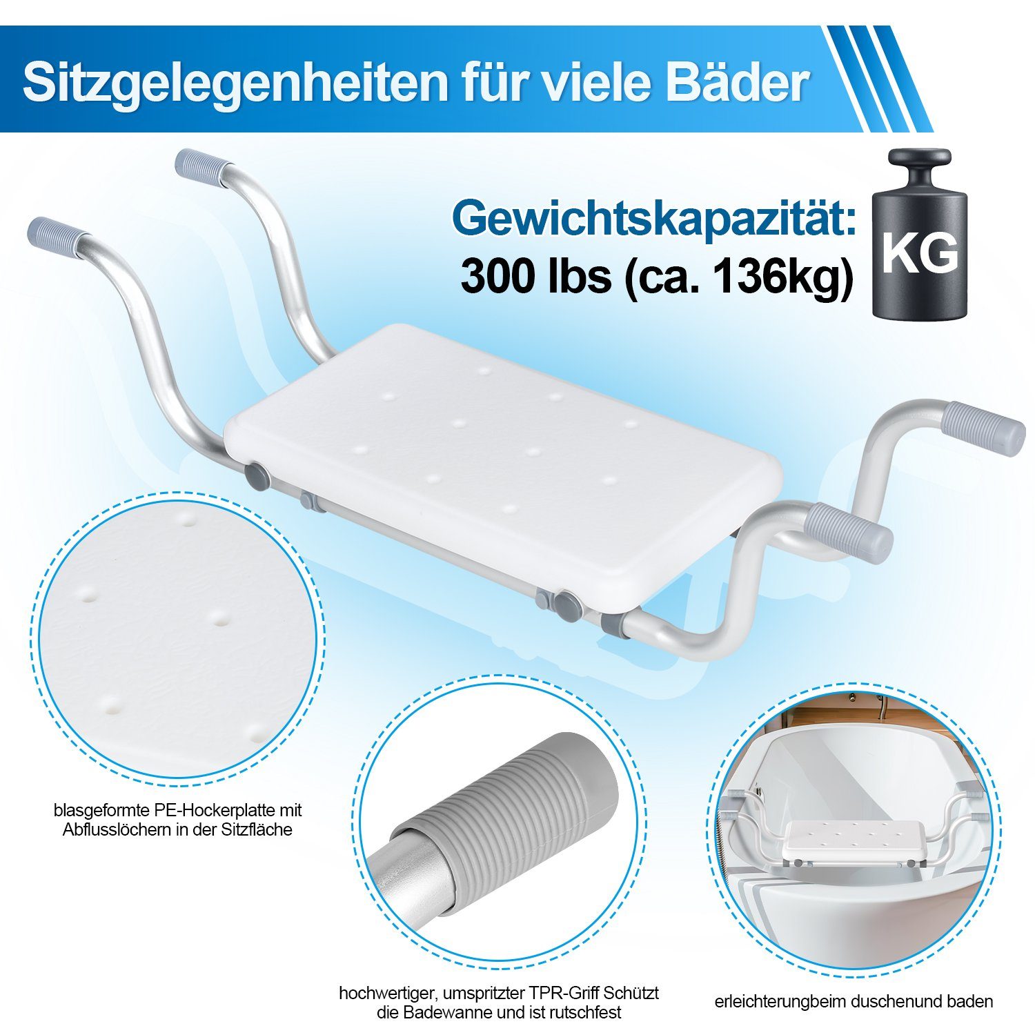Gimisgu Badewannensitz Badewannensitz Wannensitz 72-82cm Badesitz Weiß bis 136Kg