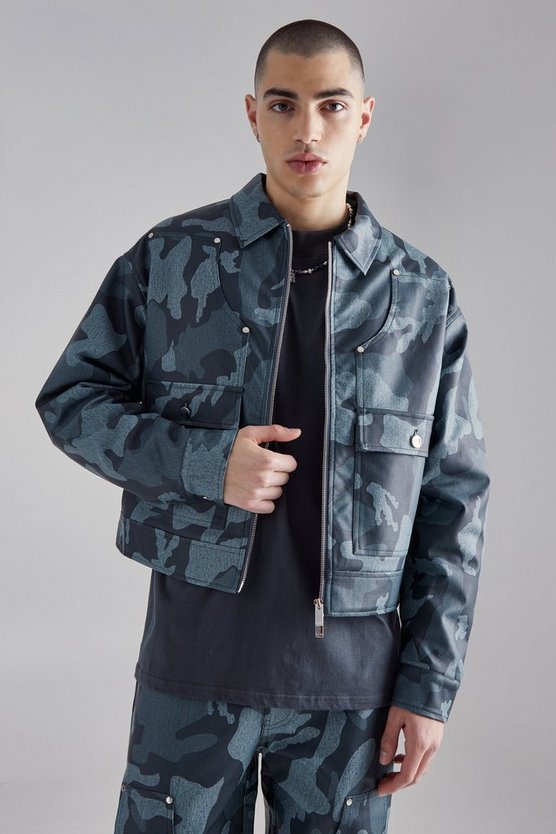 Kastige Camouflage PU Harrington-Jacke