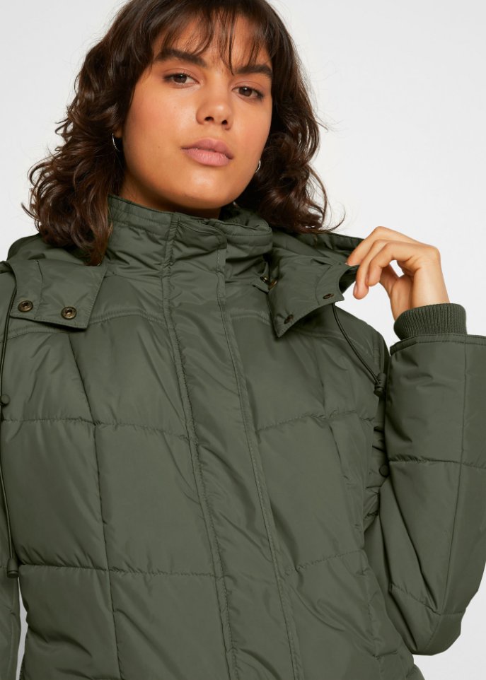 Long-Steppjacke, wattiert mit Kragen und Kapuze