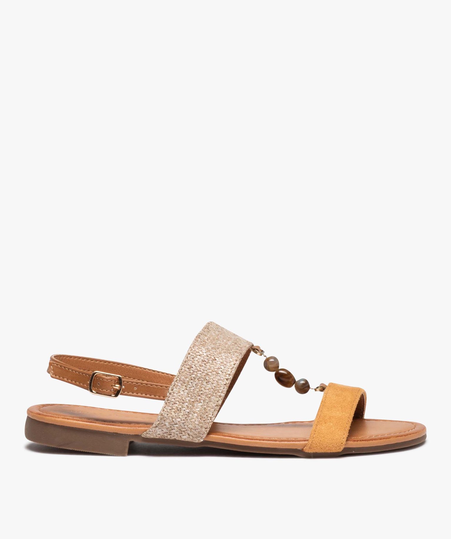 Sandales femme plates ornées de pierres avec brides en tissu camel | GEMO