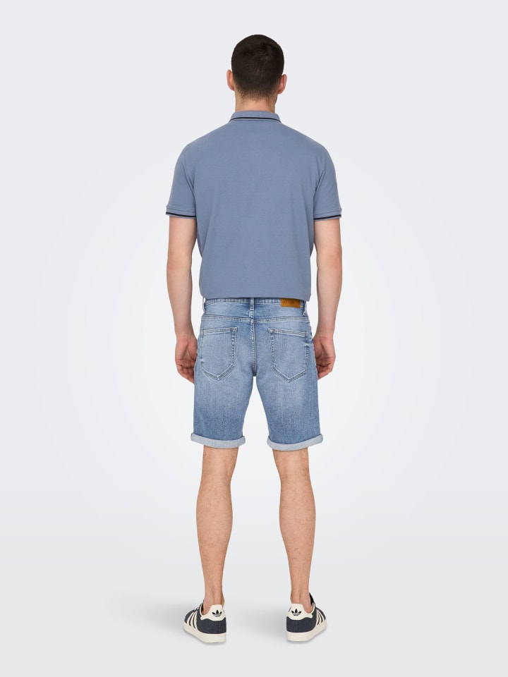 Only&Sons Jeansshorts mit umgeschlagenem Saum und Knopfverschluss in Blau-3 günstig kaufen