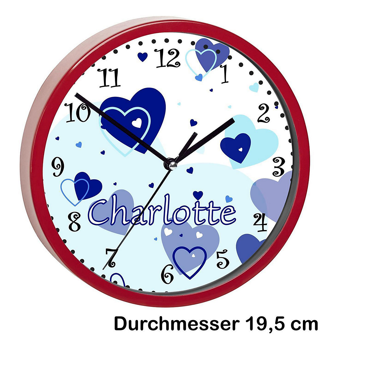Kinder Wanduhr laufruhig personalisiert mit Name Herz Blau