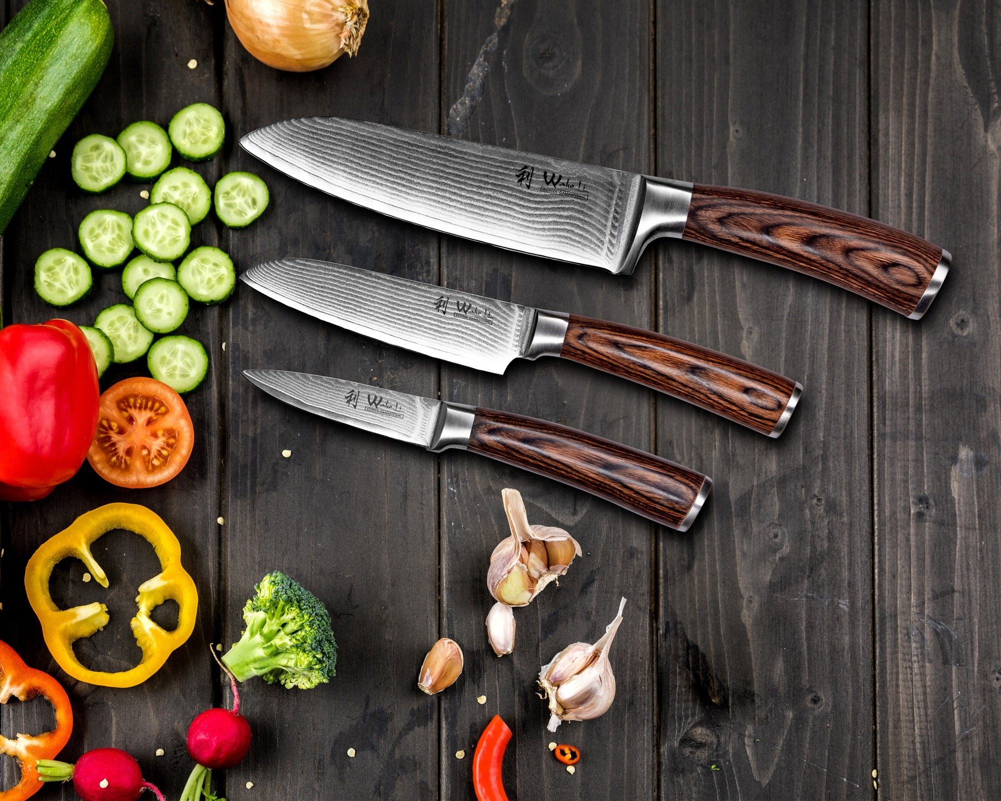 Wakoli Messer-Set Edib 3er Damastmesserset I Holzbox I 8-17cm Klinge I Pakkaholzgriff