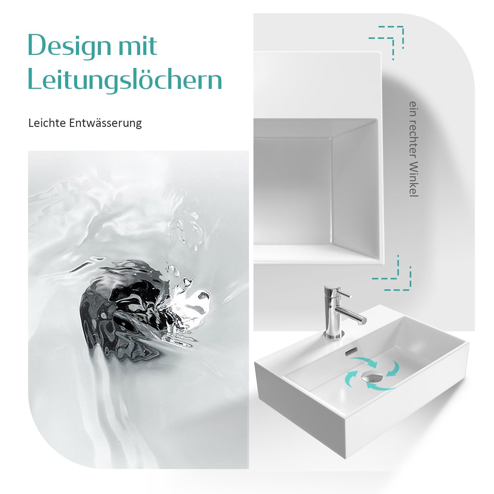 EMKE Aufsatzwaschbecken Keramik Waschbecken Eckiger Hängewaschbecken Waschtisch, Modernes Design fürs Badezimmer mit Hahnlöcher Weiß Glänzend