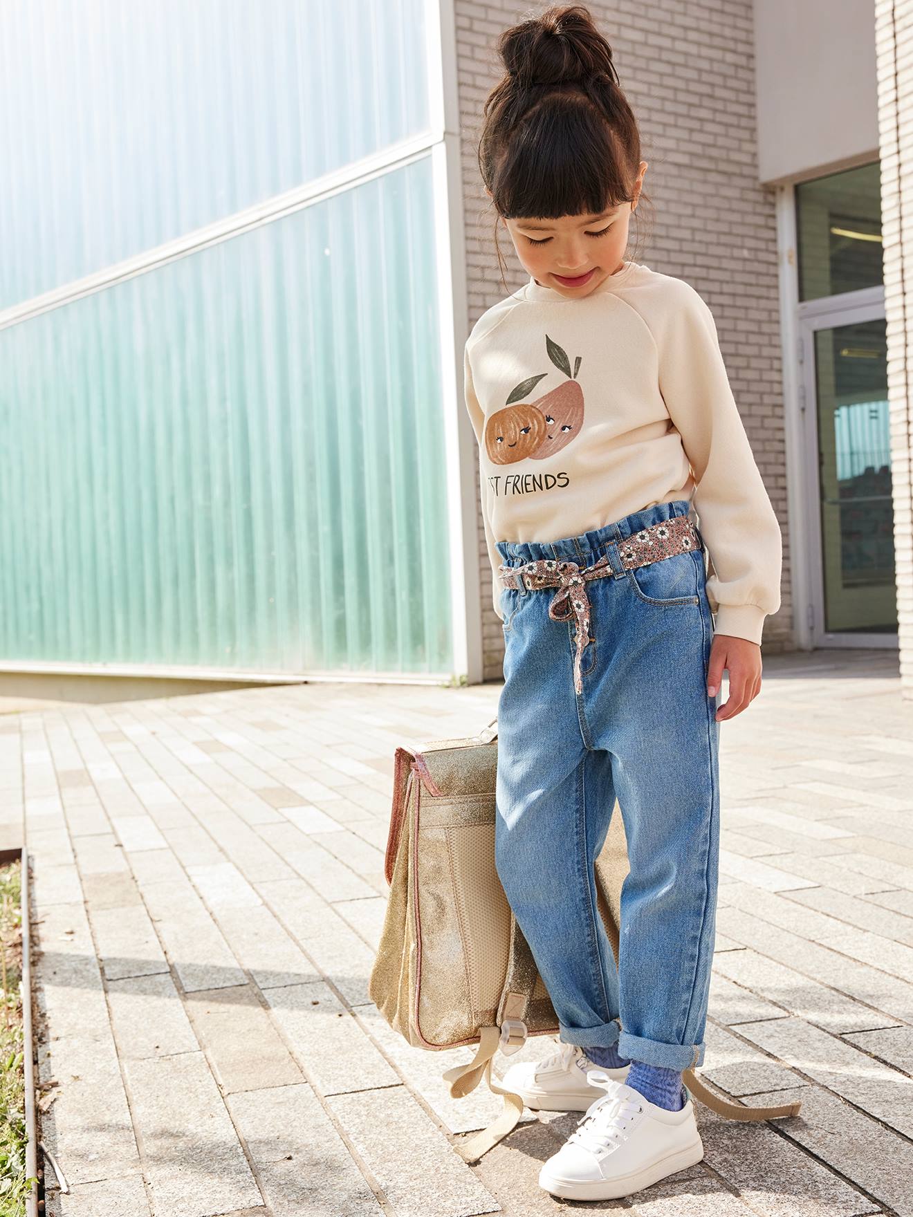 Jean style paperbag et sa ceinture fleurie fille denim black