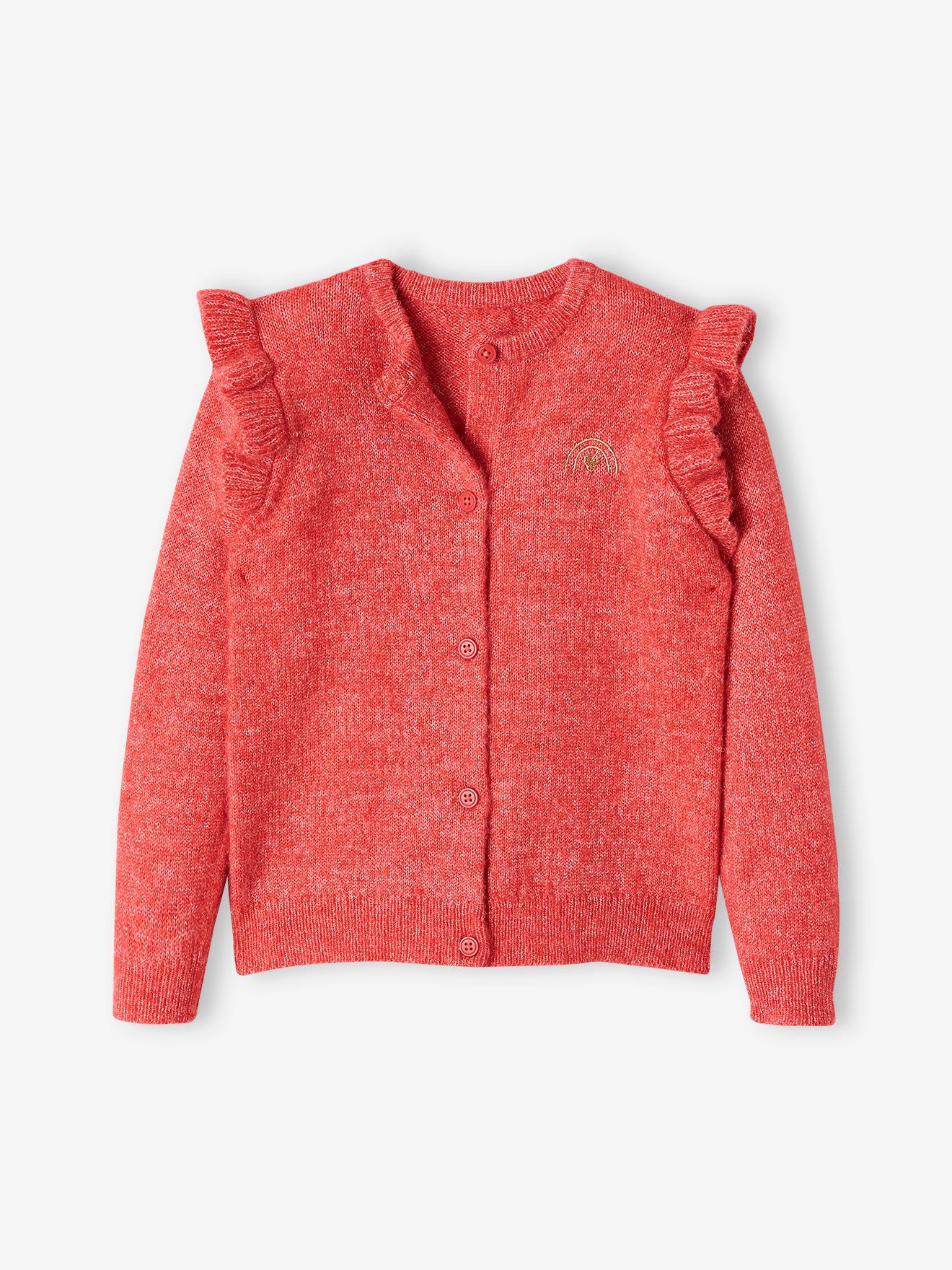 Gilet volanté fille maille mousseuse rose
