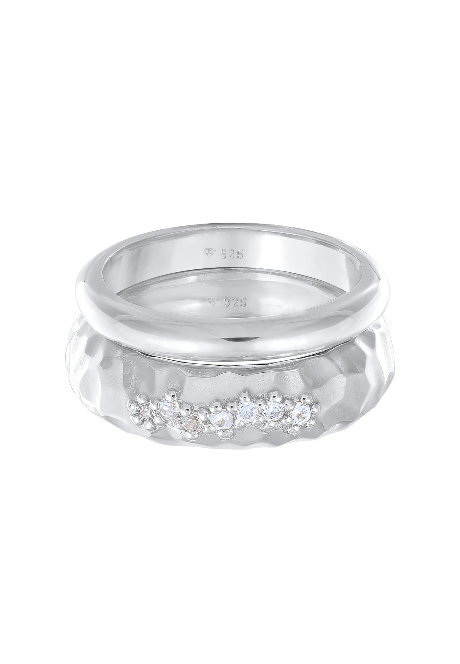 Set di 2 fedi nuziali Elli PREMIUM da donna, martellate con topazio e in argento sterling 925 rodiato.