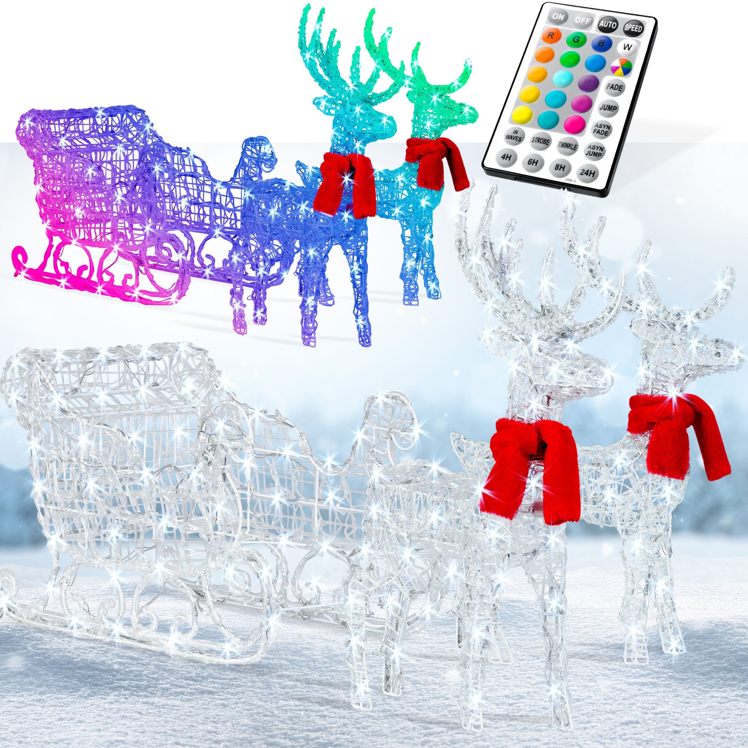 KESSER Weihnachtsfigur, 240er LED Rentiere Schlitten weiß Timer Weihnachtsbeleuchtung
