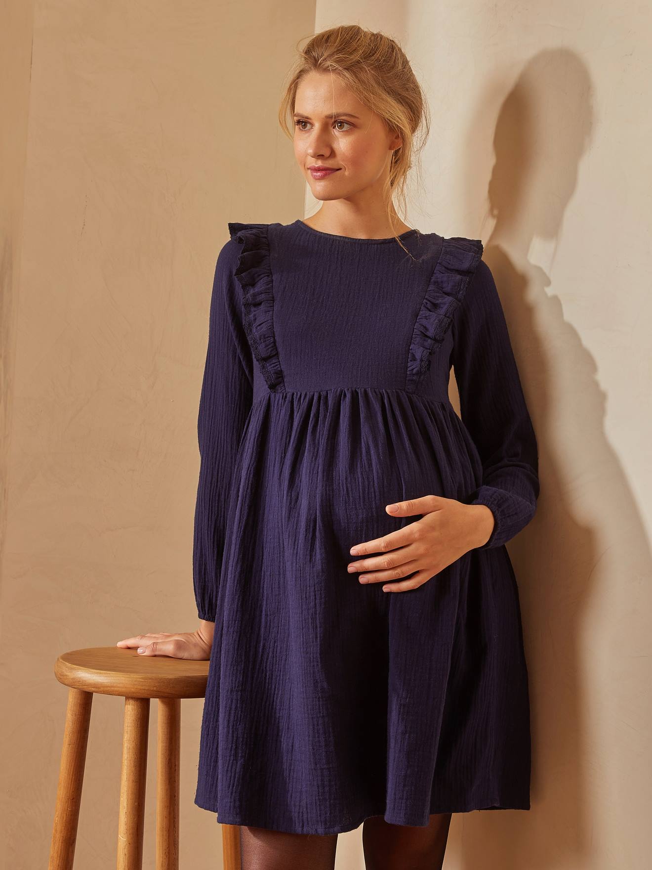 Vertbaudet Kleid für Schwangerschaft & Stillzeit, Musselin - nachtblau