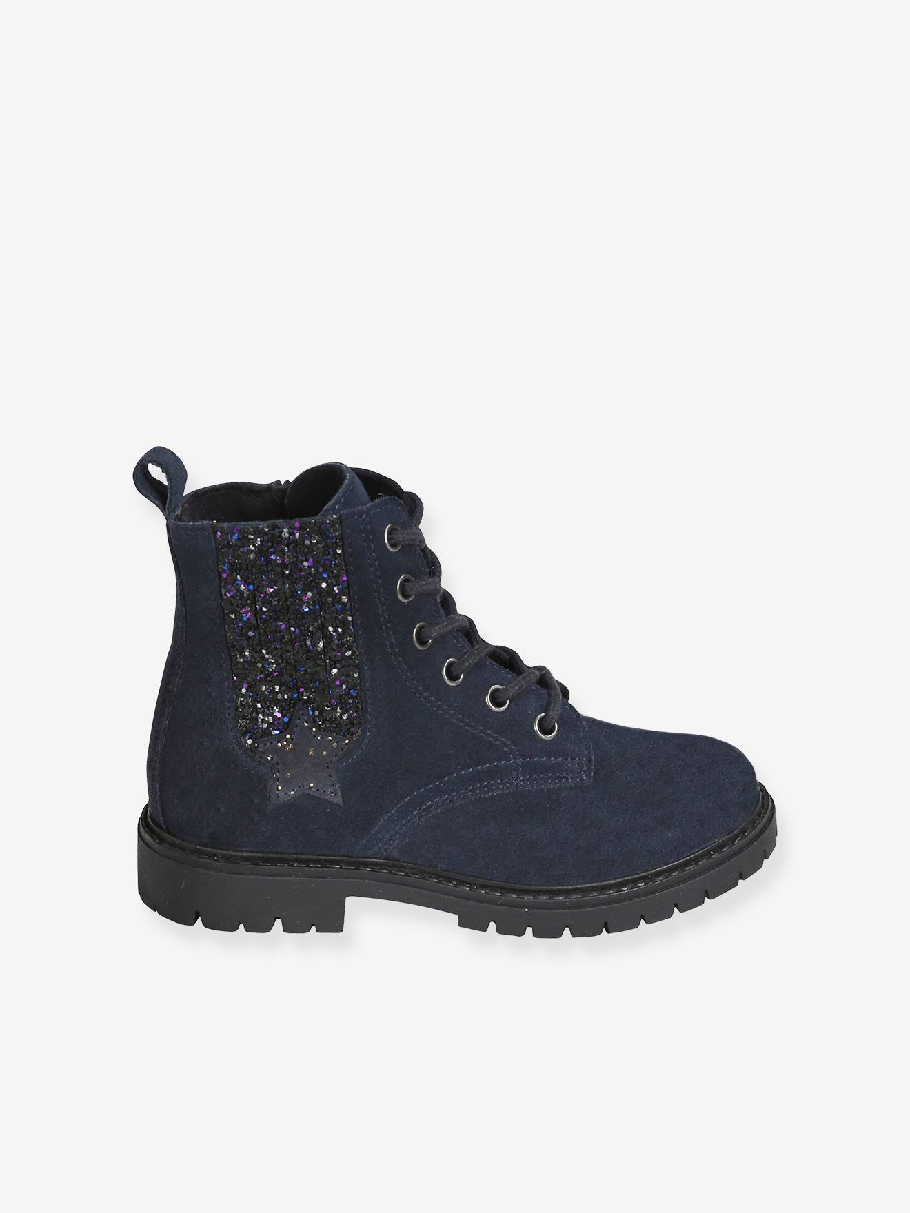 Bottines cuir fille lacées, zippées et élastiquées bleu marine