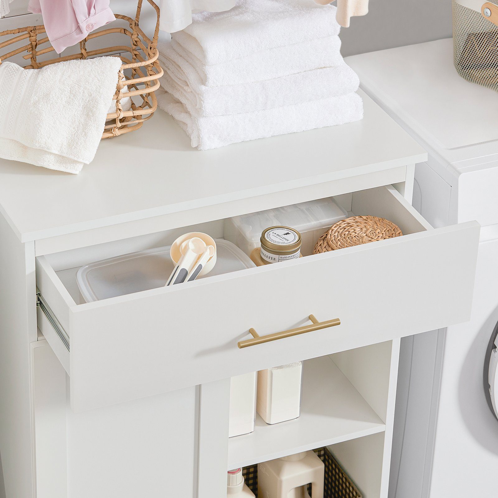 SoBuy Wäscheschrank BZR66 mit ausklappbarem Wäschesack Badschrank mit 2 Schubladen und 2 Fächern