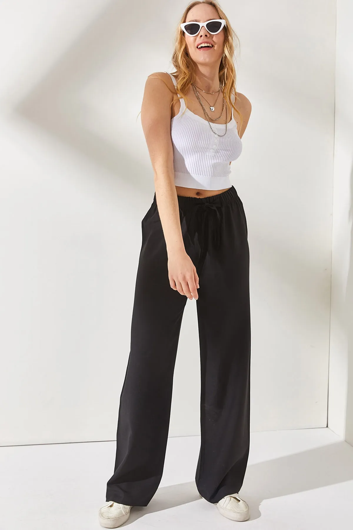 Olalook  Schwarze Palazzo-Leinenhose mit elastischem Bund und Schnürung für Damen PNT-19000219