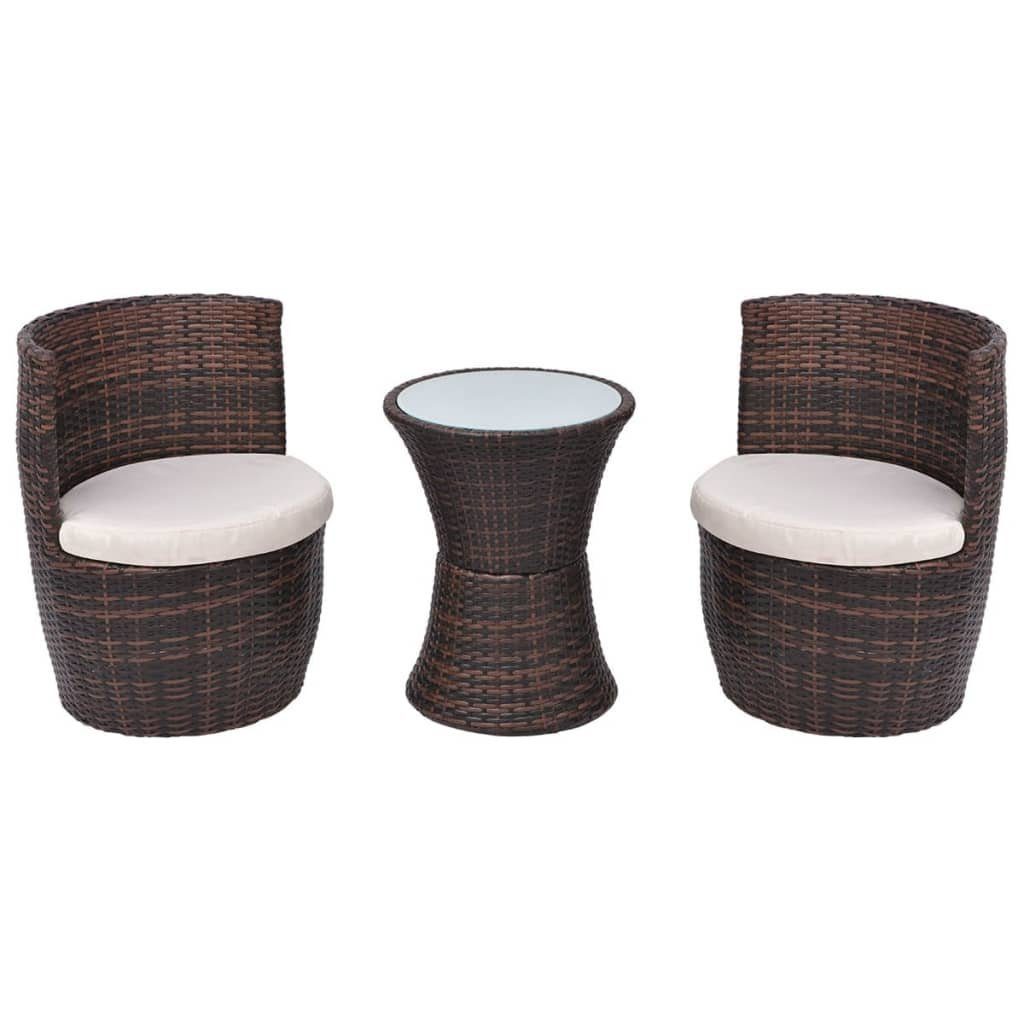 vidaXL Gartenlounge-Set 3-tlg. Bistro-Set mit Auflagen Poly Rattan Braun, (3-tlg)
