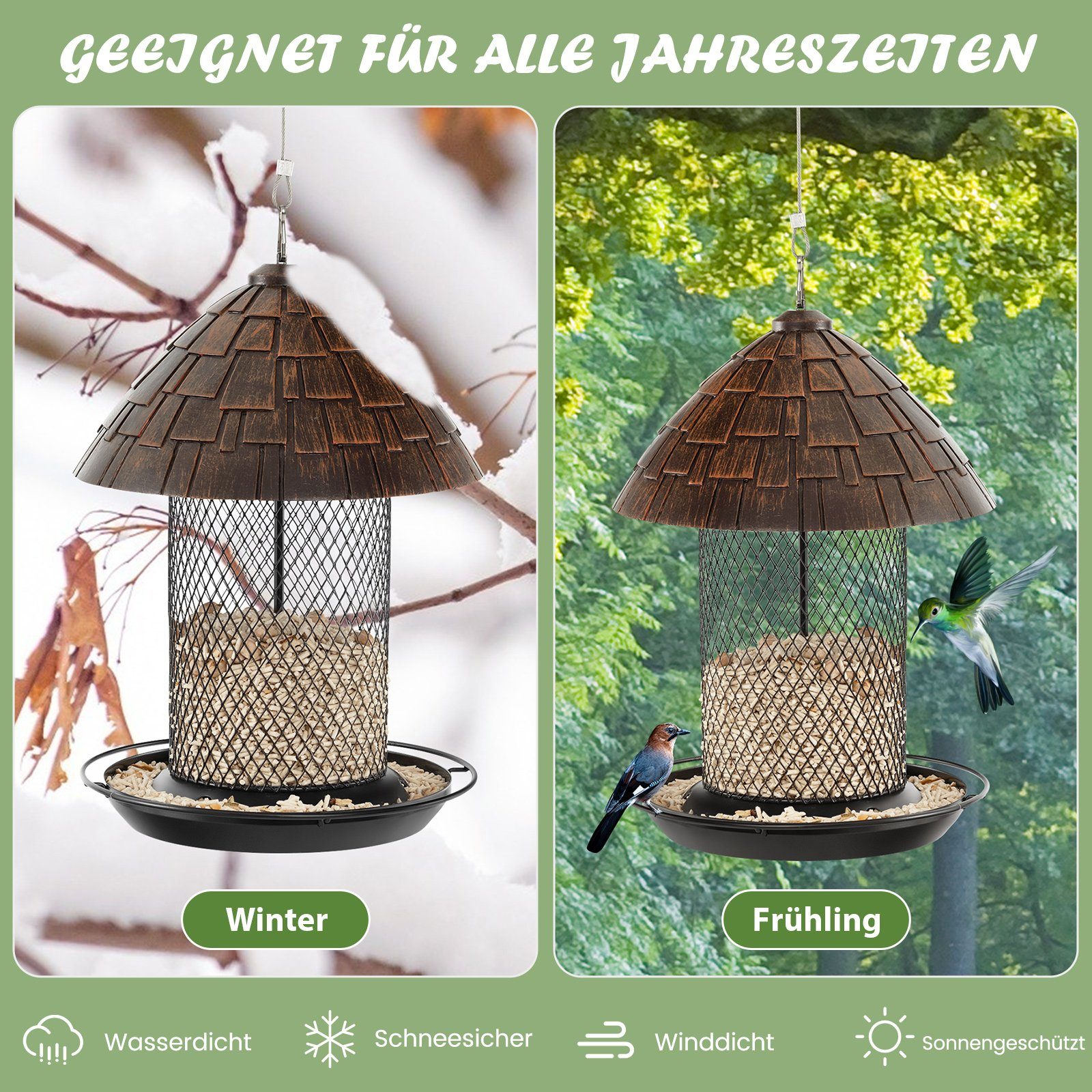 COSTWAY Futterspender, Vogelfutterhaus mit Sitzstange, 20 x 20 x 28 cm