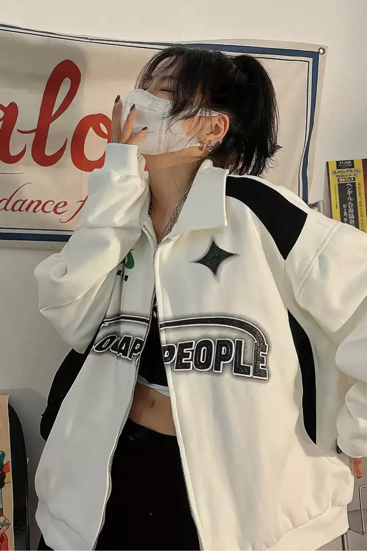EFBUTİK  Weißer Unisex Y2k Streetwear Locapeople Ribbon Zipper Cardigan
