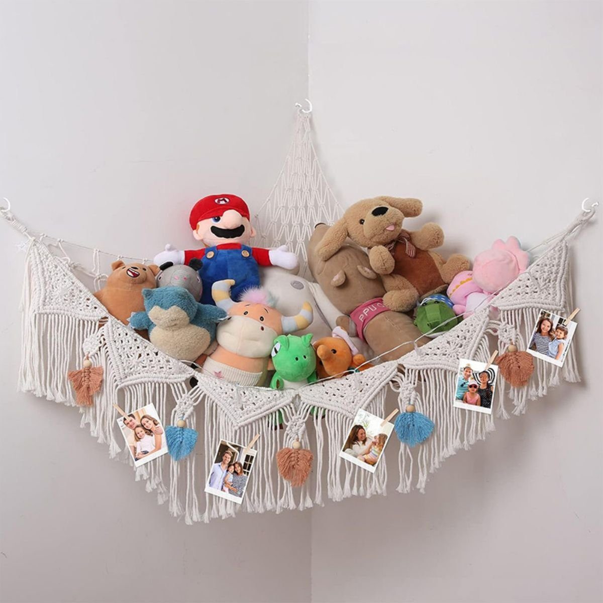 SOTOR Spielzeugtruhe Plüschtier Hängematte aus Baumwollseil und Spitze, Handgestricktes dreieckiges Spielzeugnetz