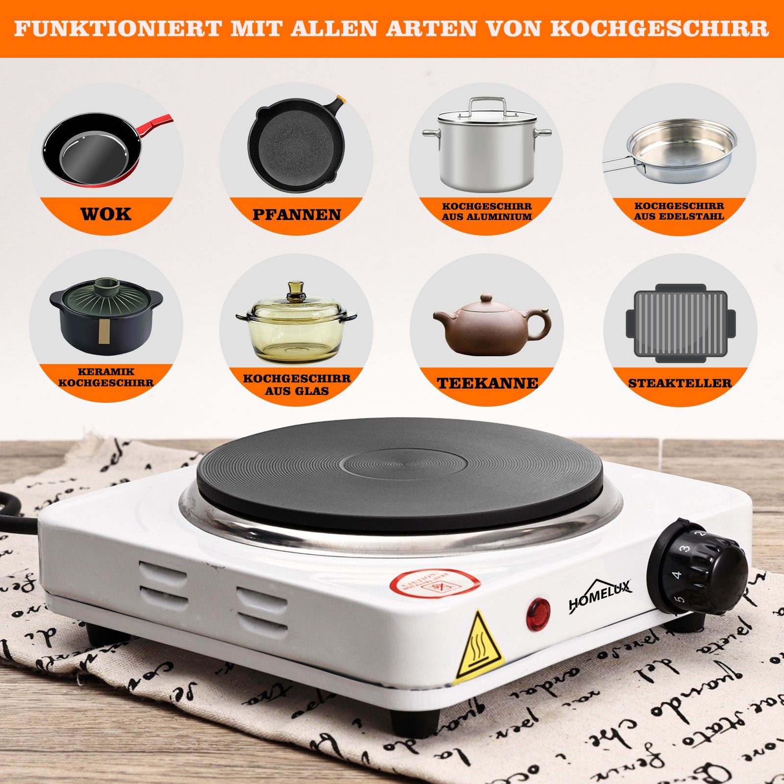 HOMELUX Einzelkochplatte Kochplatte Edelstahl Herdplatte Kochfeld, 5 Leistungsstufen, 16cm/1000W; 18cm/1500W