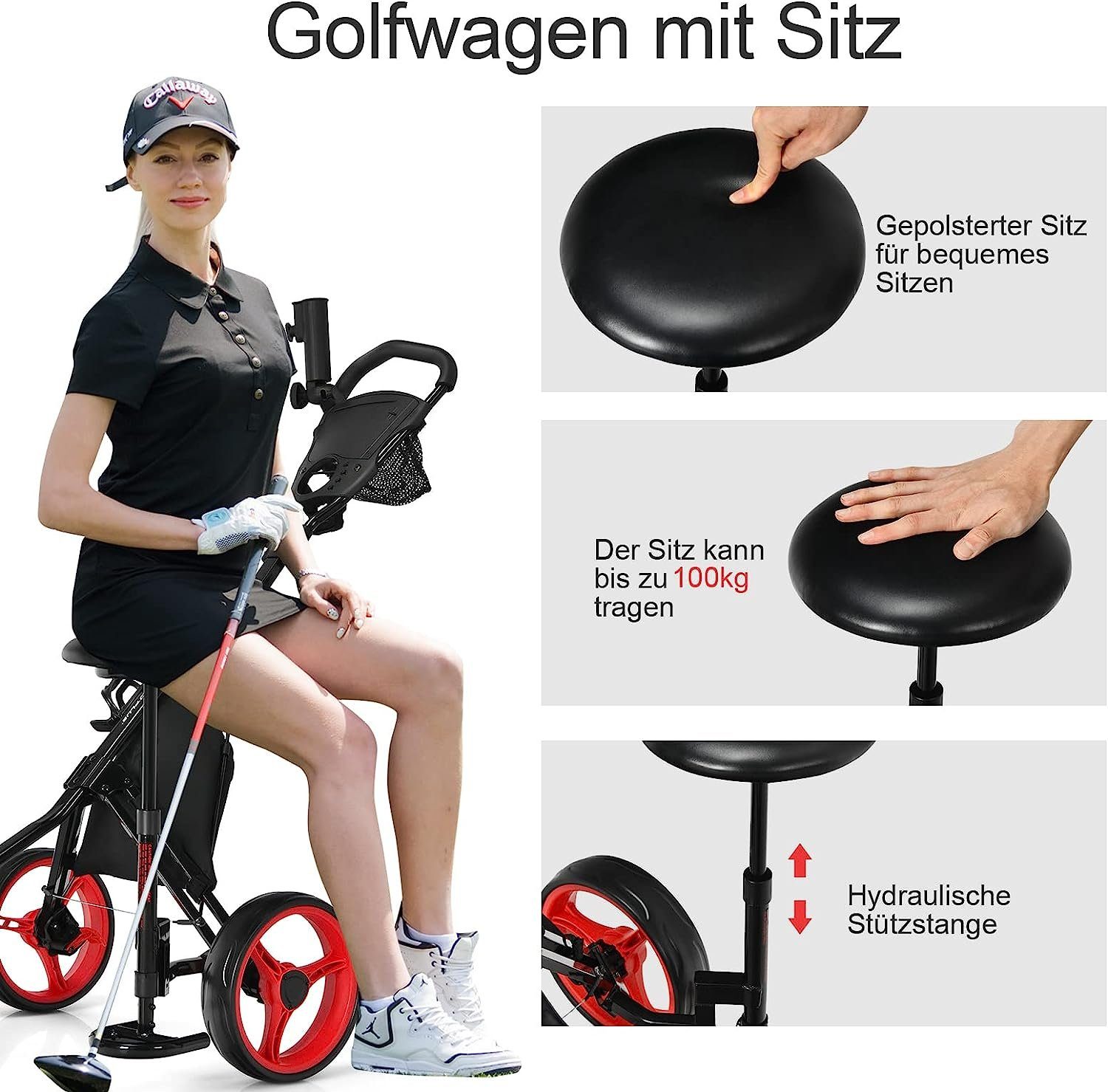 KOMFOTTEU Golftrolley Golfwagen, 3-Rad Trolley, mit abnehmbarem Sitz