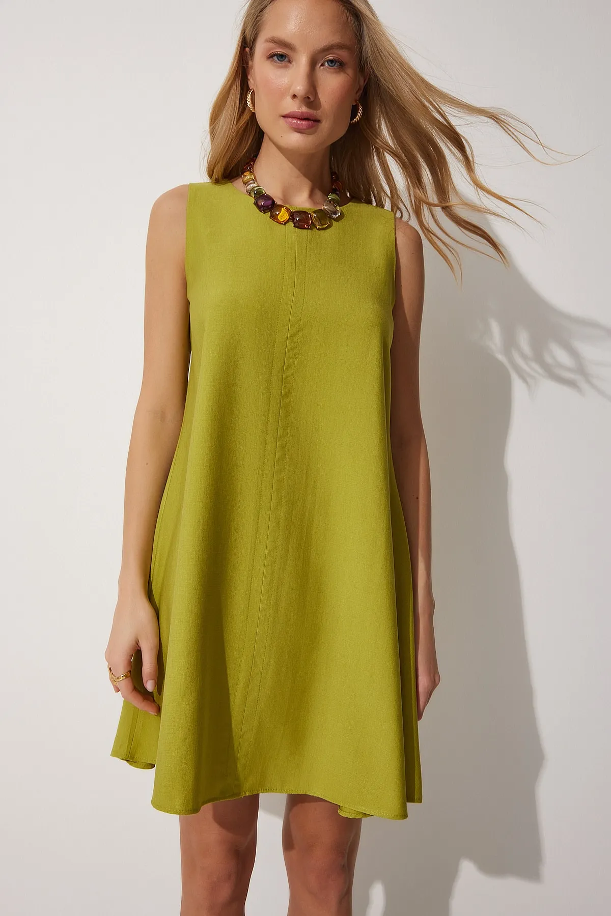Happiness İstanbul  Pistaziengrünes, gewebtes A-Linien-Sommerkleid für Damen BF00067
