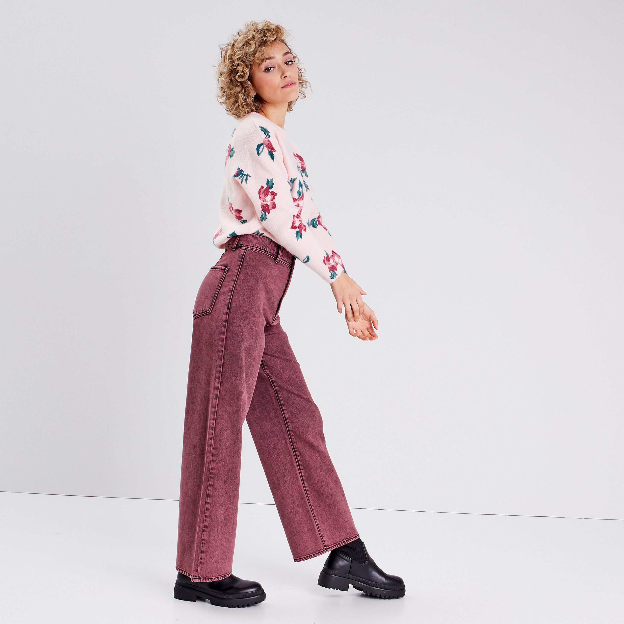 Jeans wide leg bordeaux femme | Cache Cache