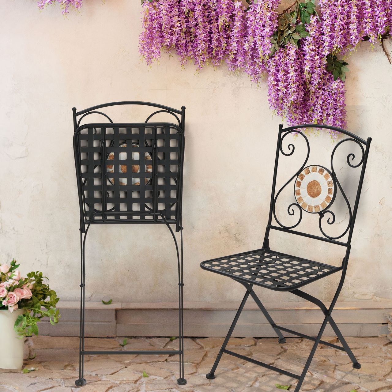 Gartenfreude Bistro Stuhl Mosaik 1 Stahl 40 x 38 x 90cm schwarz mit anthrazit- & grün-farbenen Mosaik Elementen (Set aus 2 Stühlen)