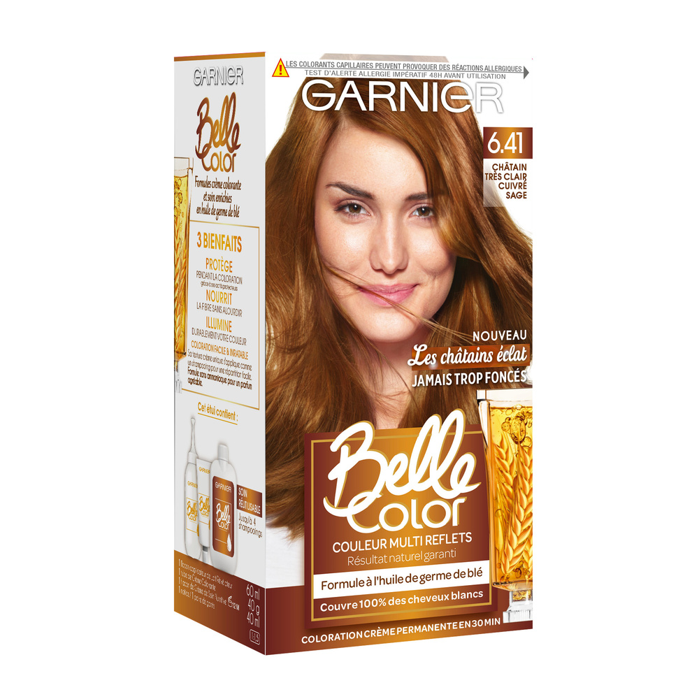 garnier coloration Belle Color Coloration Permanente Châtains Éclat Crème de coloration à l’huile de germe de blé.