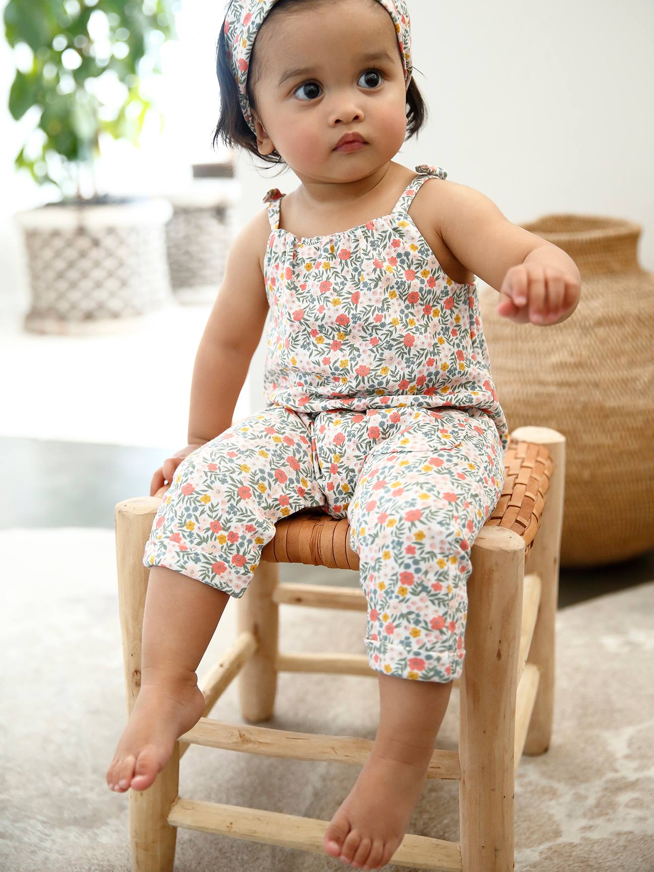 Ensemble combinaison et bandeau bébé fille en molleton bleu nuit