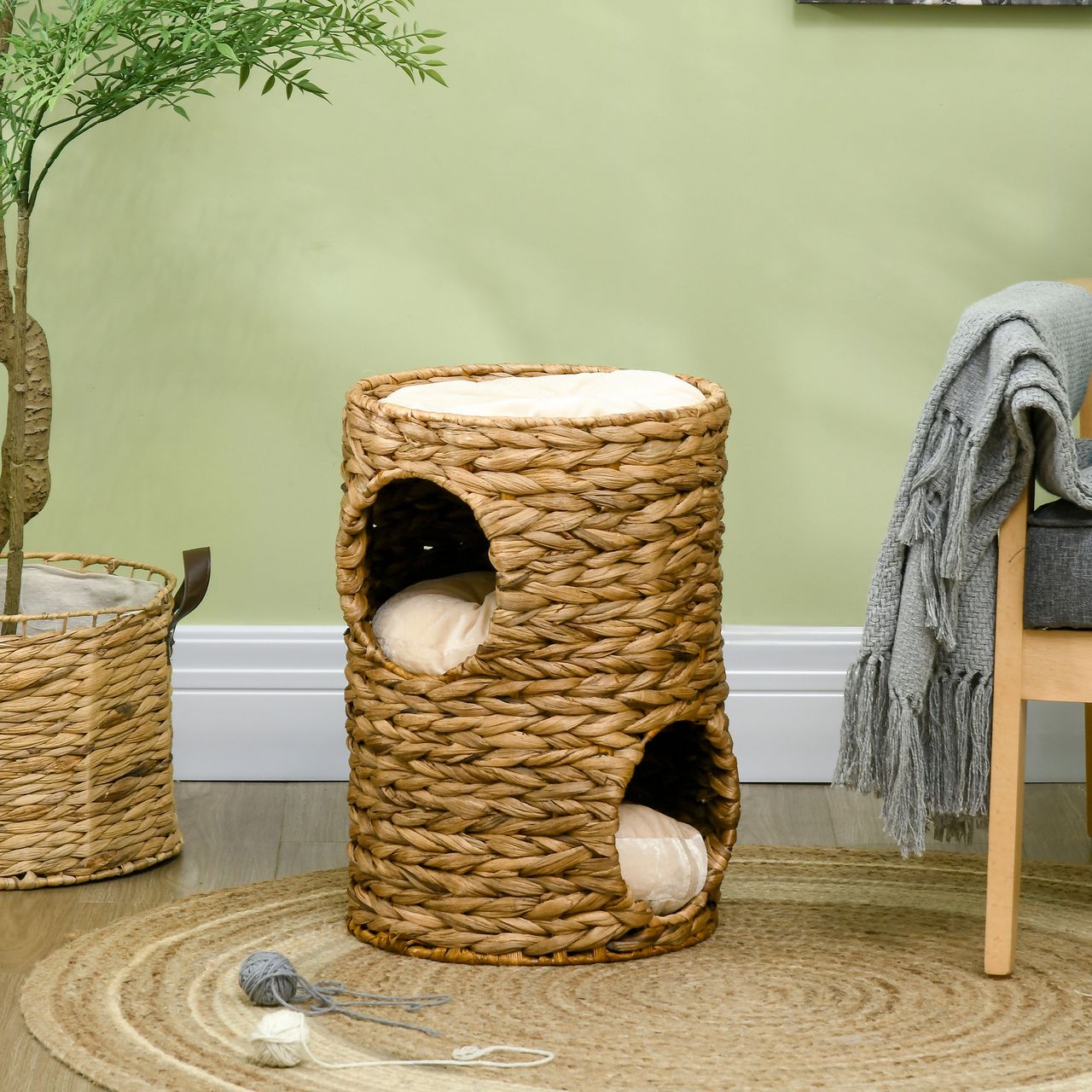 PawHut Kratztonne, Höhe 47 cm, Kratzturm mit 2 Ebenen, Katzenturm mit Kissen