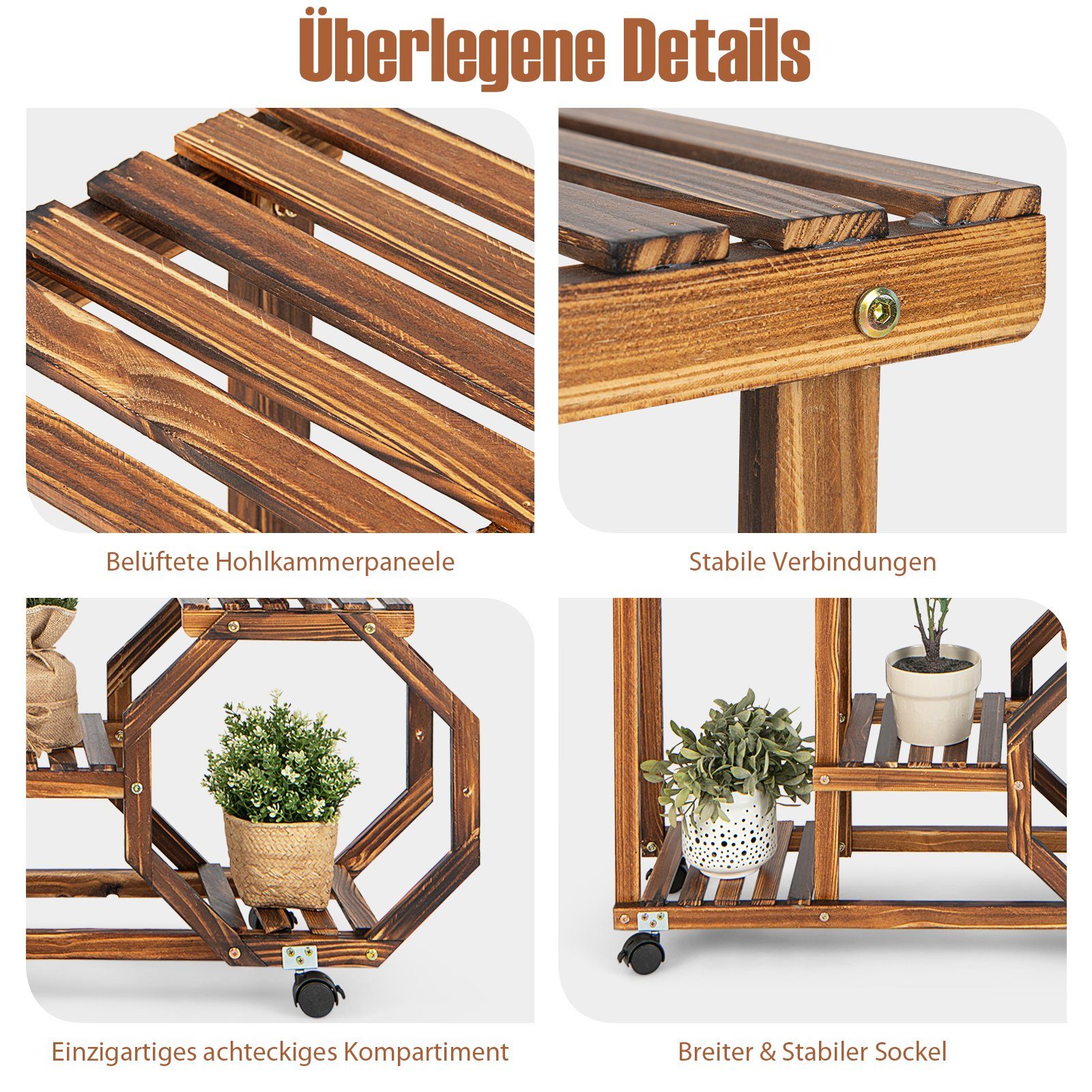 COSTWAY Blumenständer, Holzregal auf Rollen, mehrstöckig, 87,5x29x102,5cm