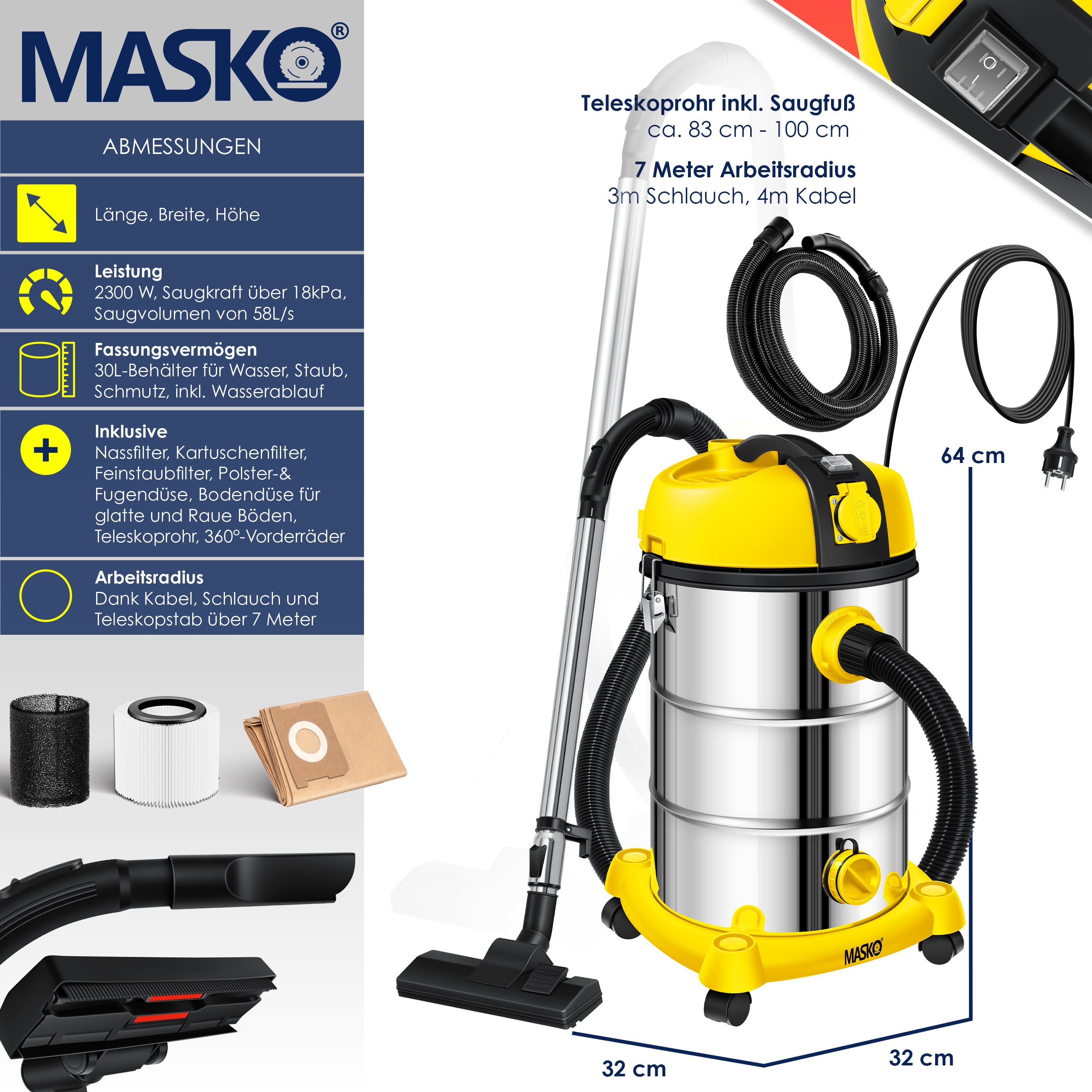 MASKO Industriesauger, 2300 W, Industriestaubsauger Staubsauger Nass Trocken Sauger Edelstahl