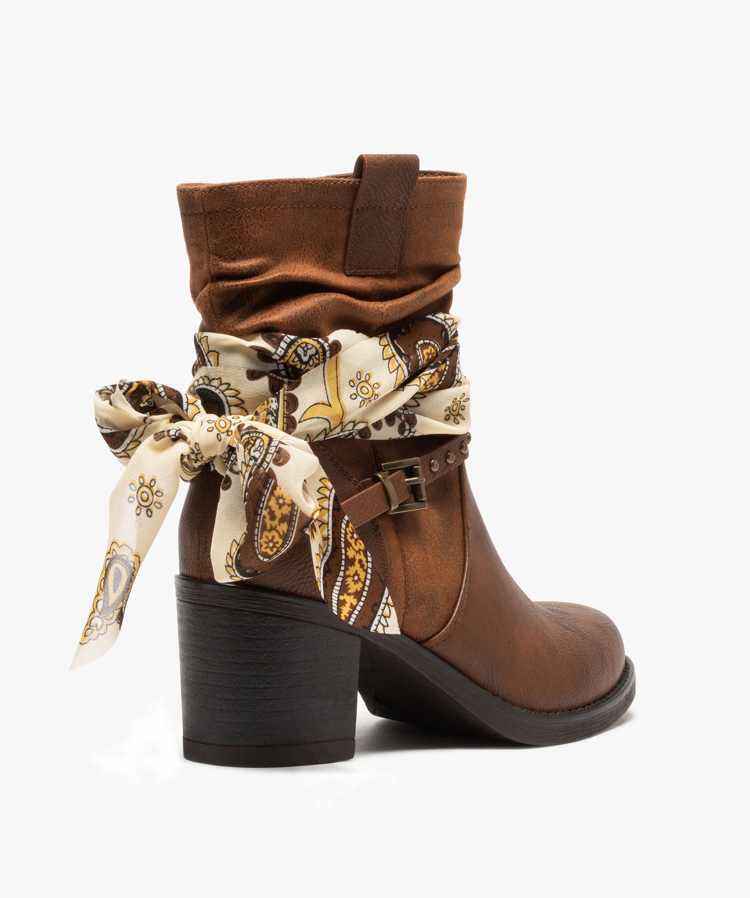 Boots femme à talon avec foulard et brides décoratives camel | GEMO