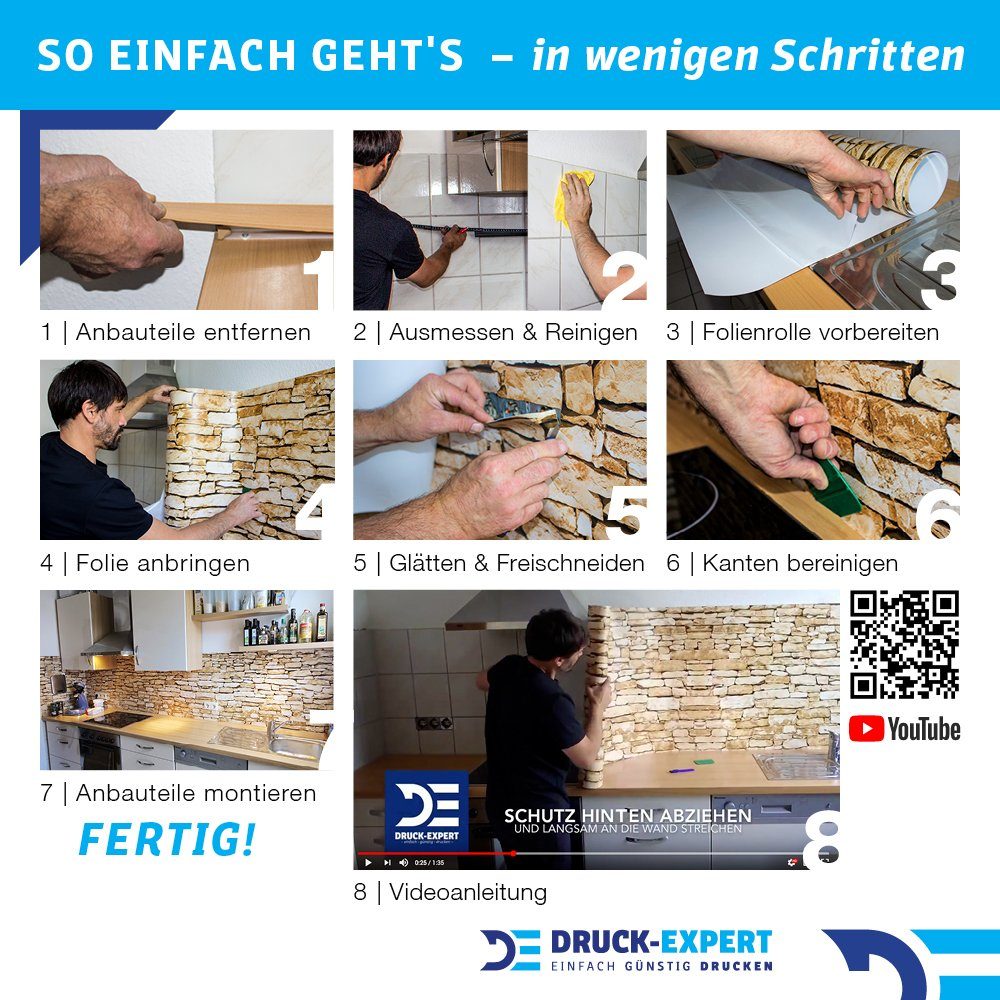 DRUCK-EXPERT Küchenrückwand Küchenrückwand Holzwand Weiß Premium Hart-PVC 0,4 mm selbstklebend