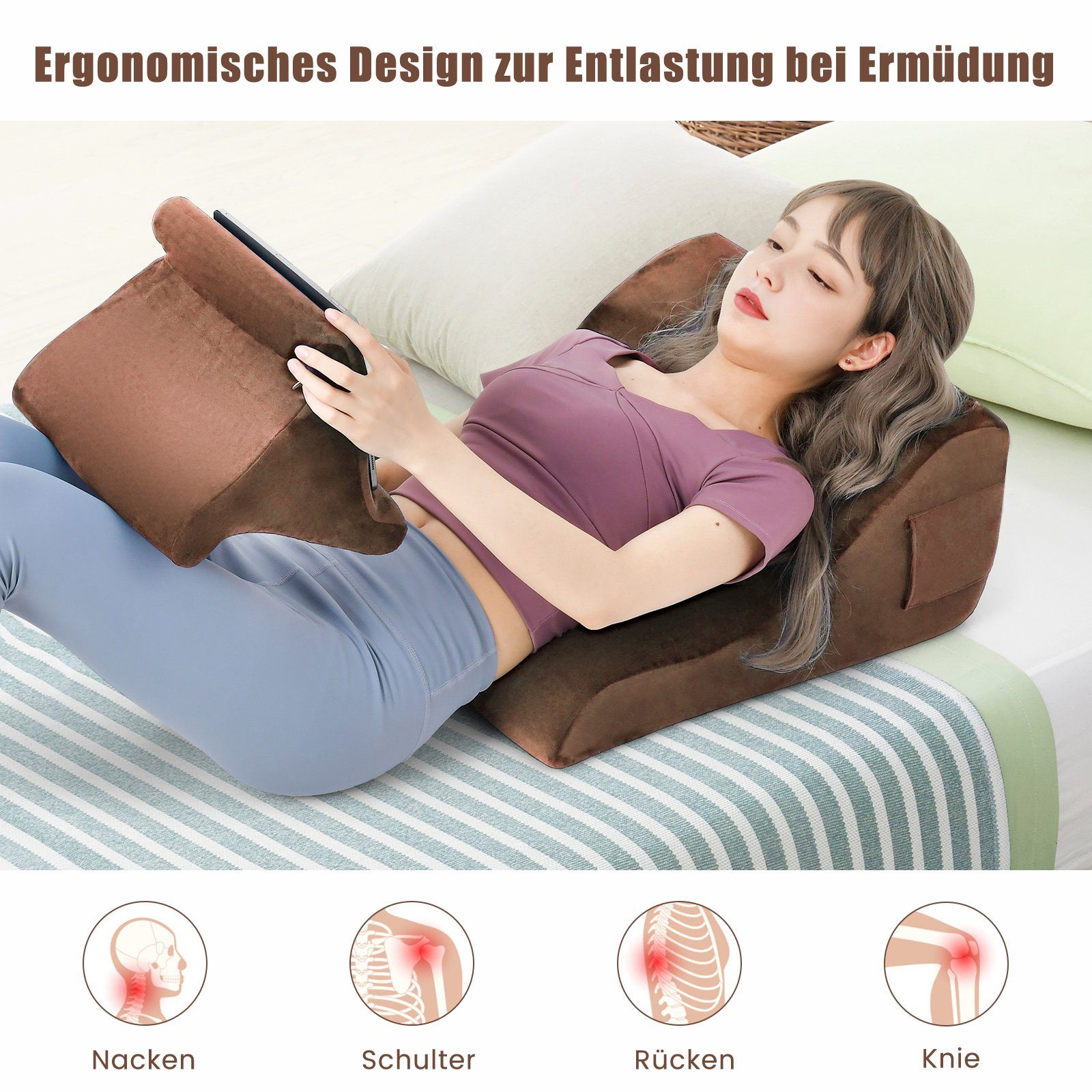 COSTWAY Keilkissen, mit Tablet-Kissenständer & Seitentaschen, abnehmbarer Bezug