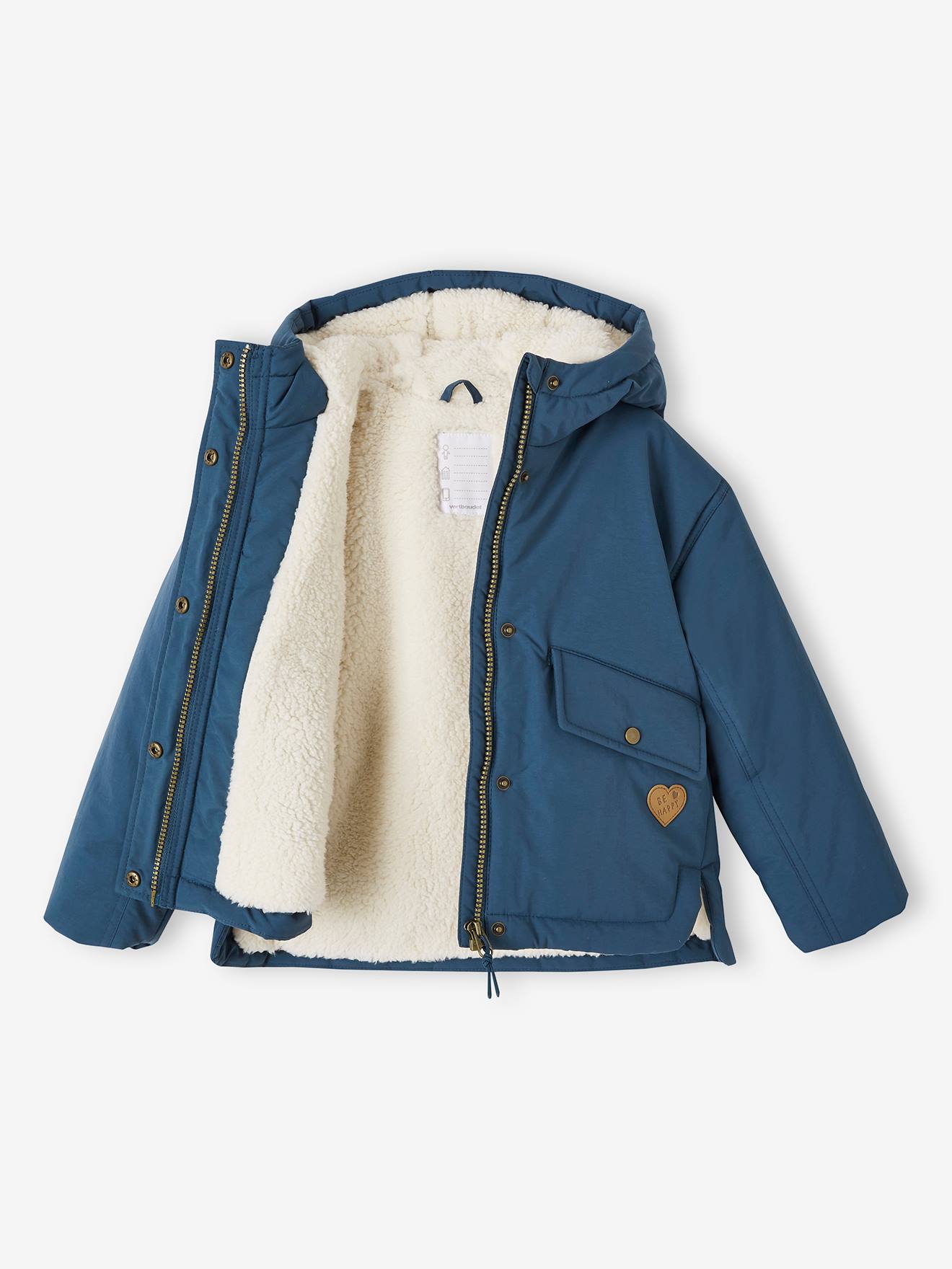 Parka à capuche courte doublée sherpa fille bleu pétrole