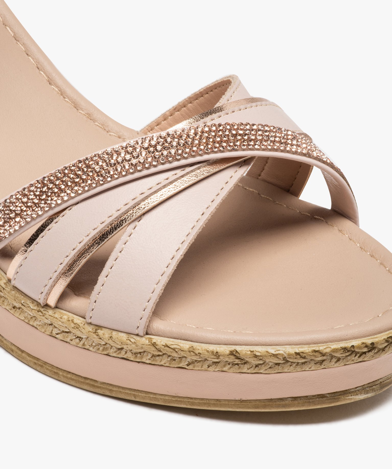 Sandales femme compensées à brides en cuir et strass rose | GEMO