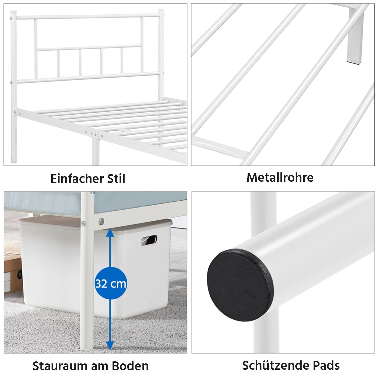 Yaheetech Metallbett, Bettrahmen mit Hohem Kopfteil, Einzelbett Bettgestell mit Lattenrost