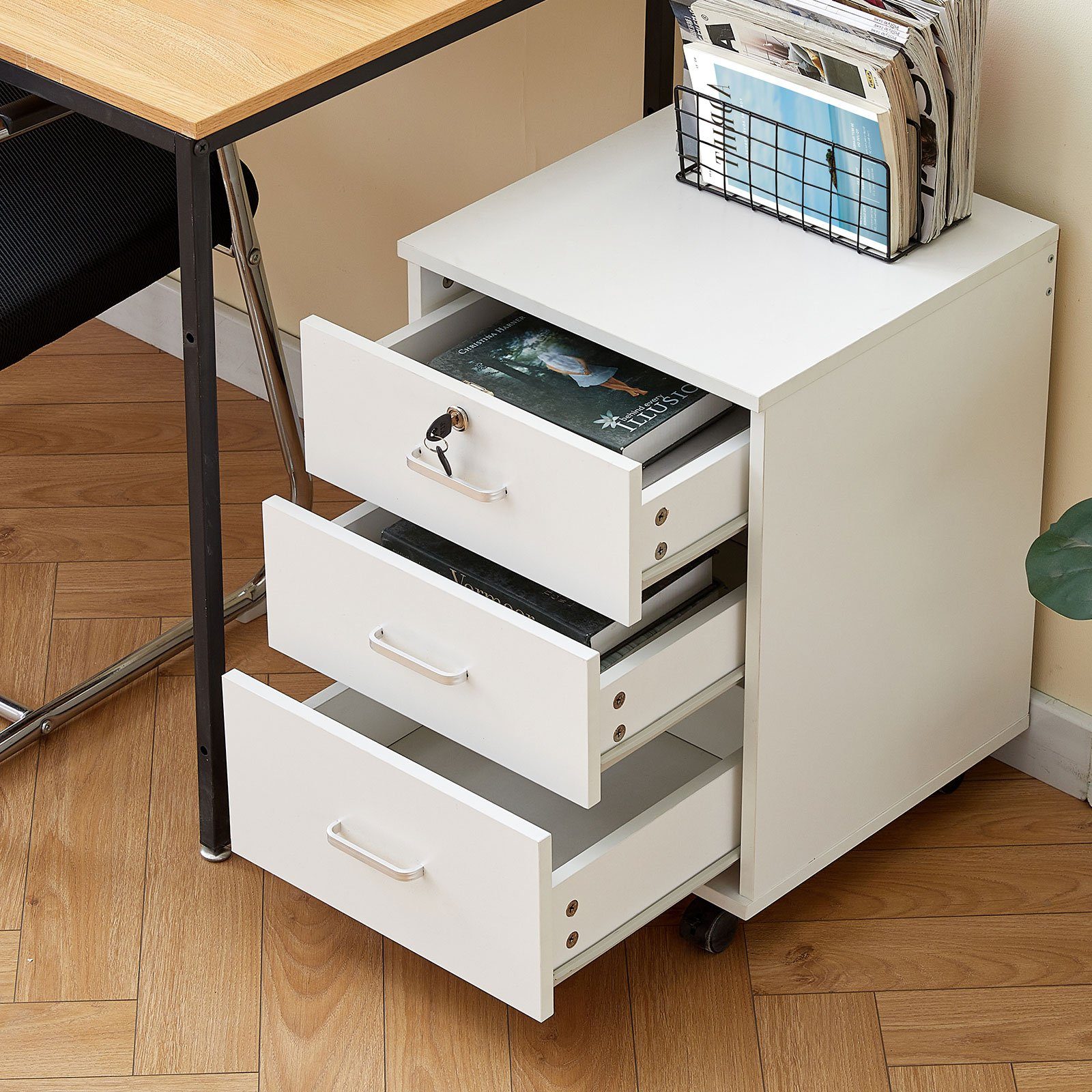 CLIPOP Aktenschrank Rollcontainer mobiler Büroschrank, Kommode mit 3 Schubladen