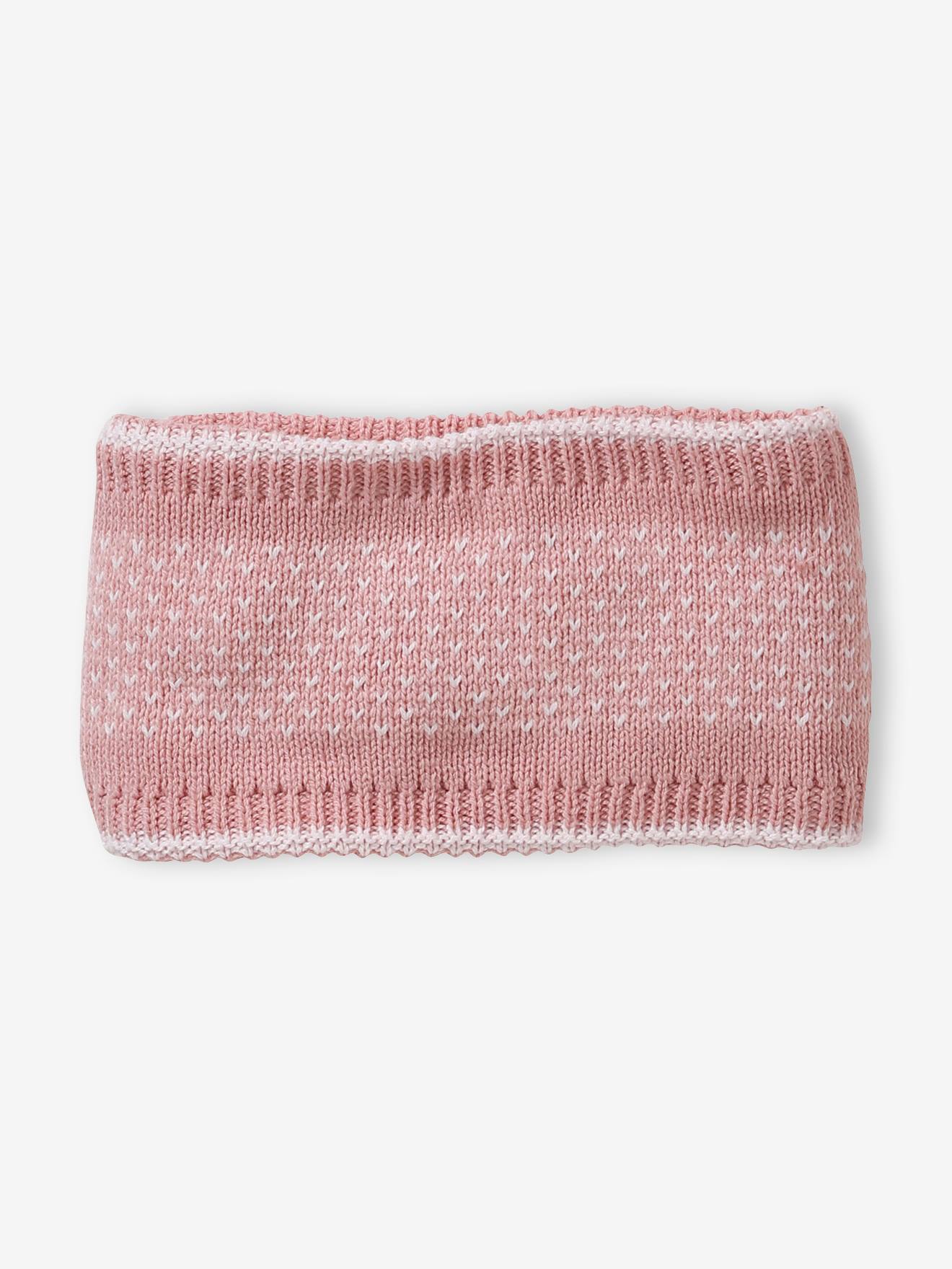 Ensemble en maille jacquard bonnet + snood + moufles bébé fille rose